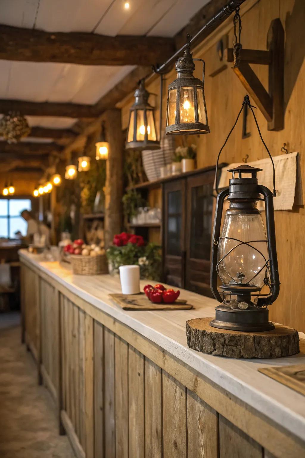 Vintage lantern sconces bring a nostalgic touch to rustic kitchens.