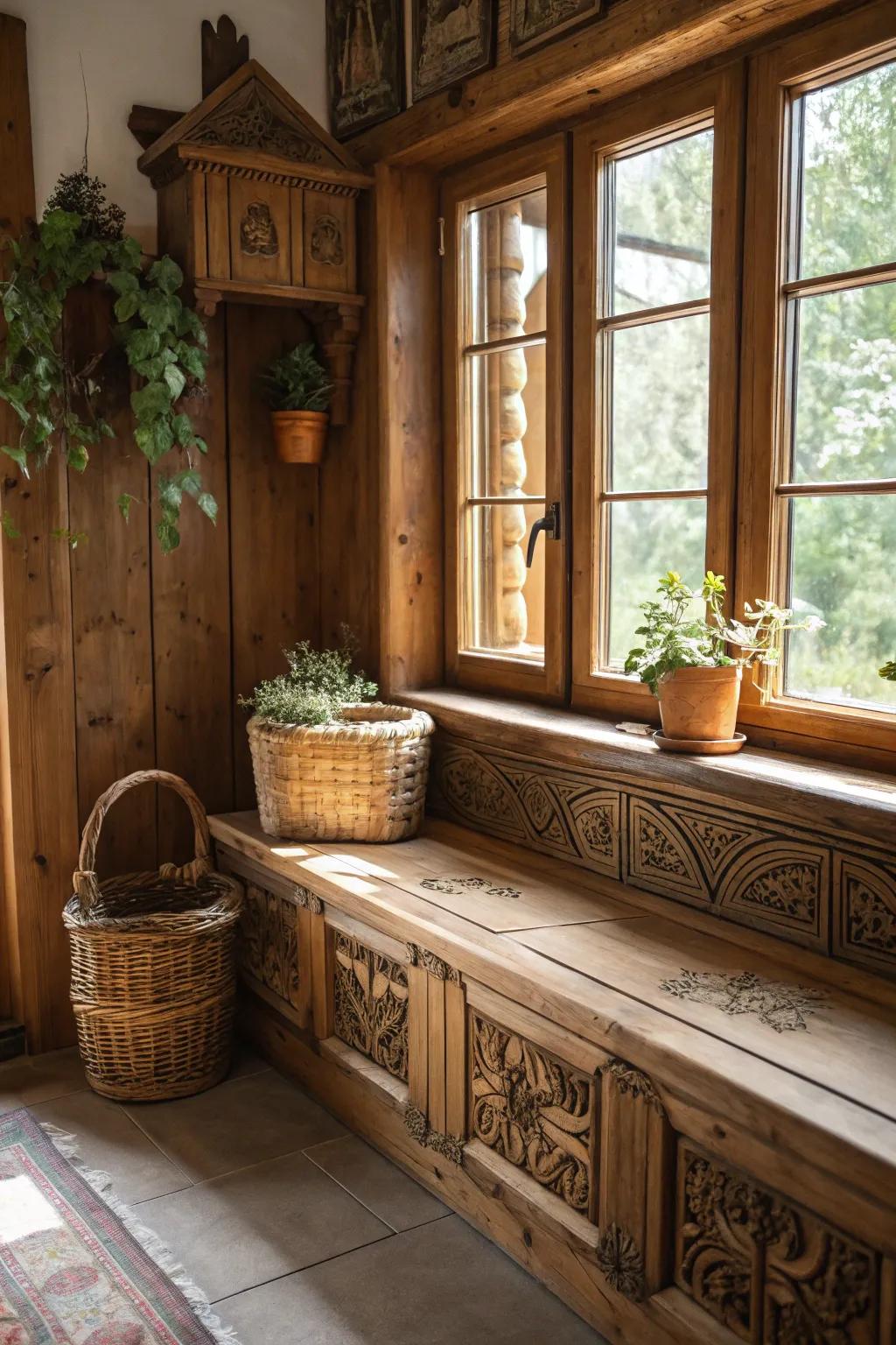 A wooden window seat adds warmth and charm to the kitchen.