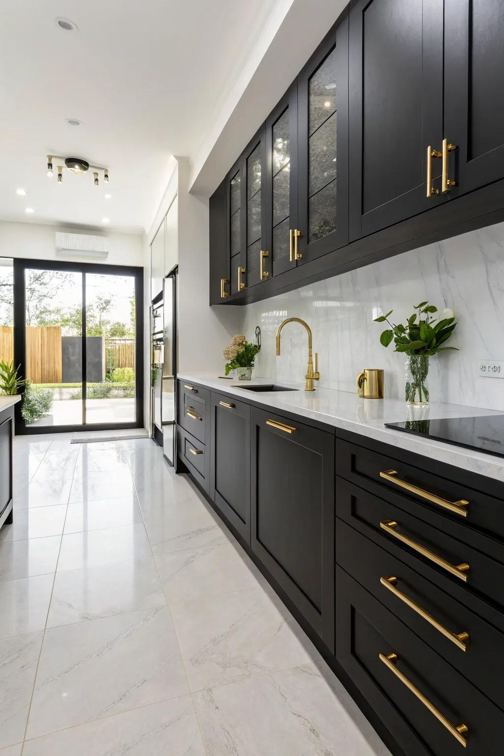 Bold black cabinets with gold hardware create a dramatic and elegant kitchen space.