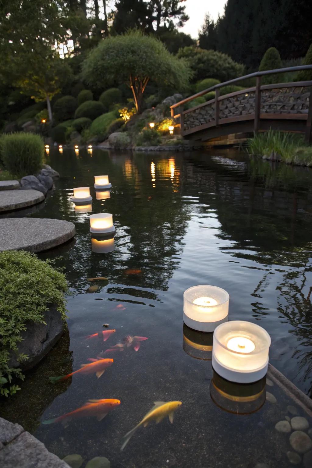 Floating solar lights bring gentle, eco-friendly illumination to your pond.