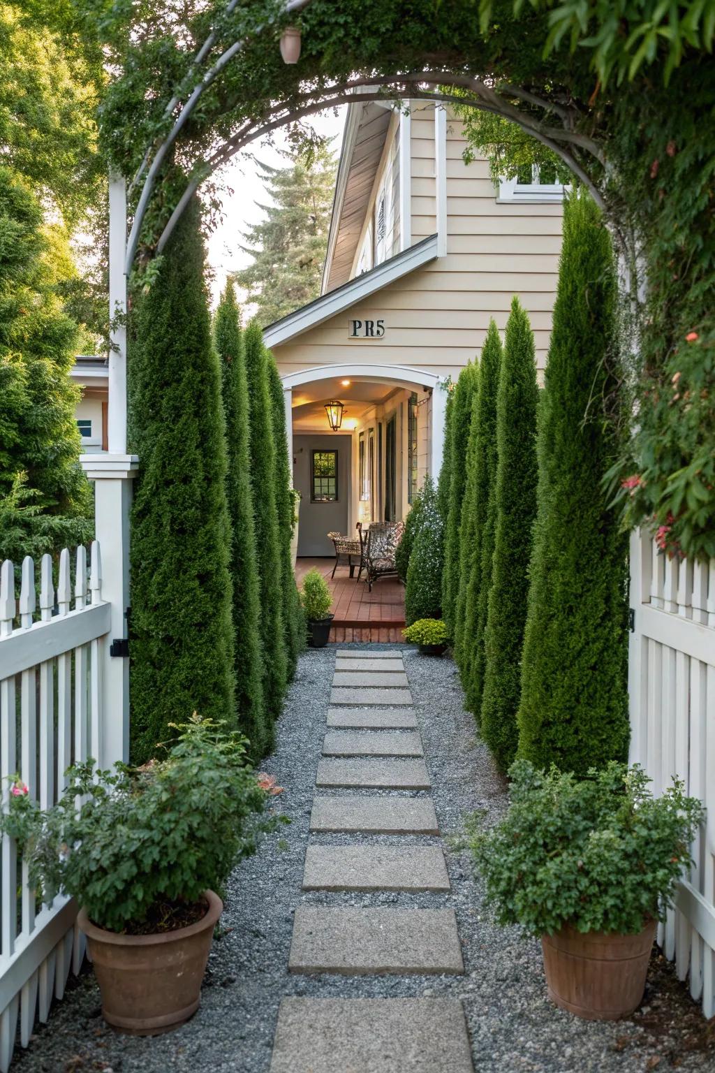 Arborvitae trees lining a walkway, enhancing the garden's elegance.