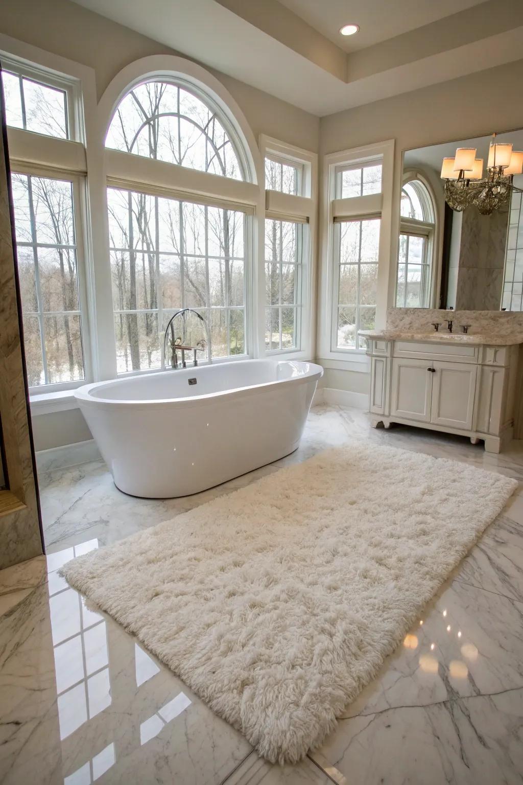 A shaggy rug brings warmth and luxury to any bathroom.