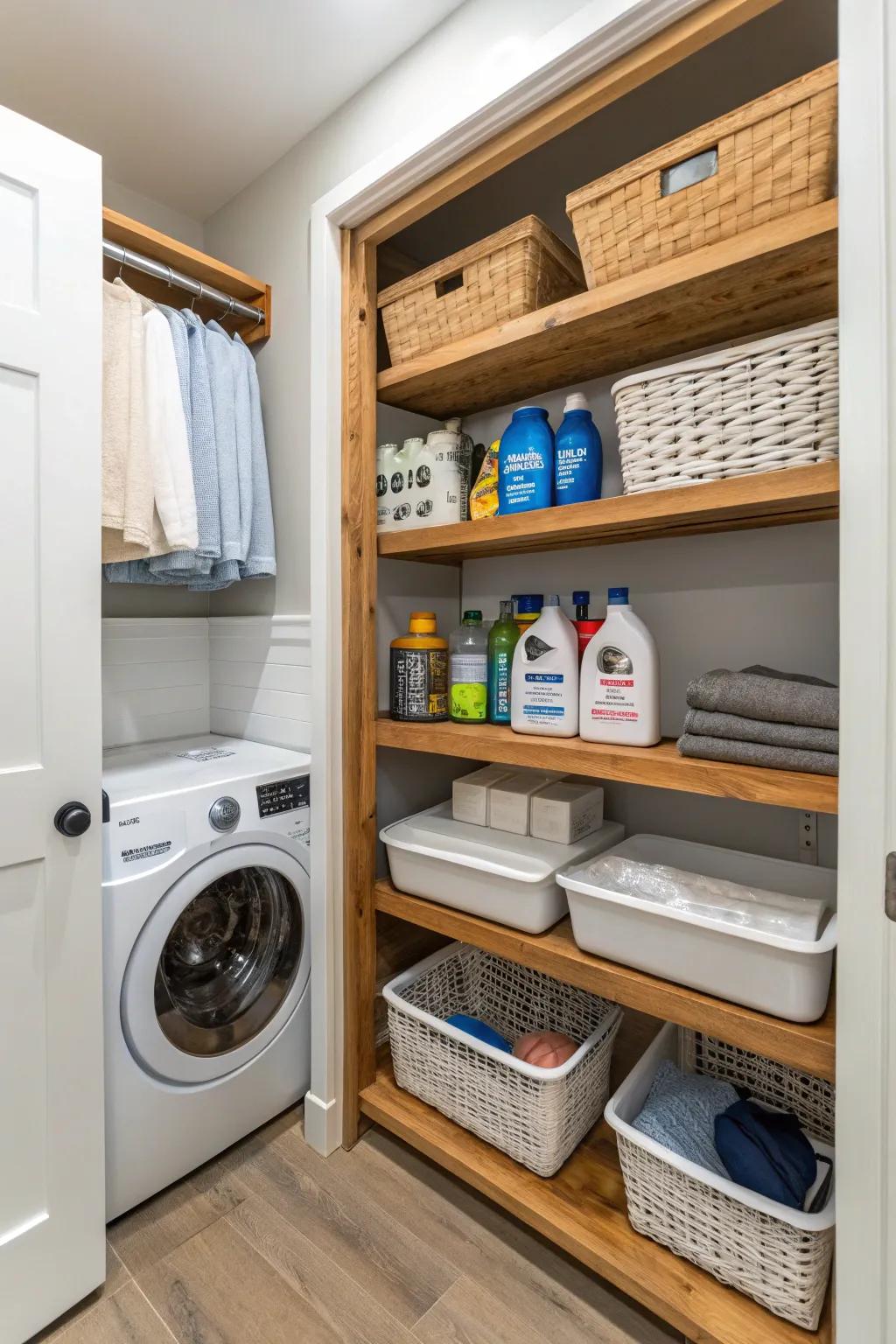 Open shelving brings both style and functionality to your laundry closet.