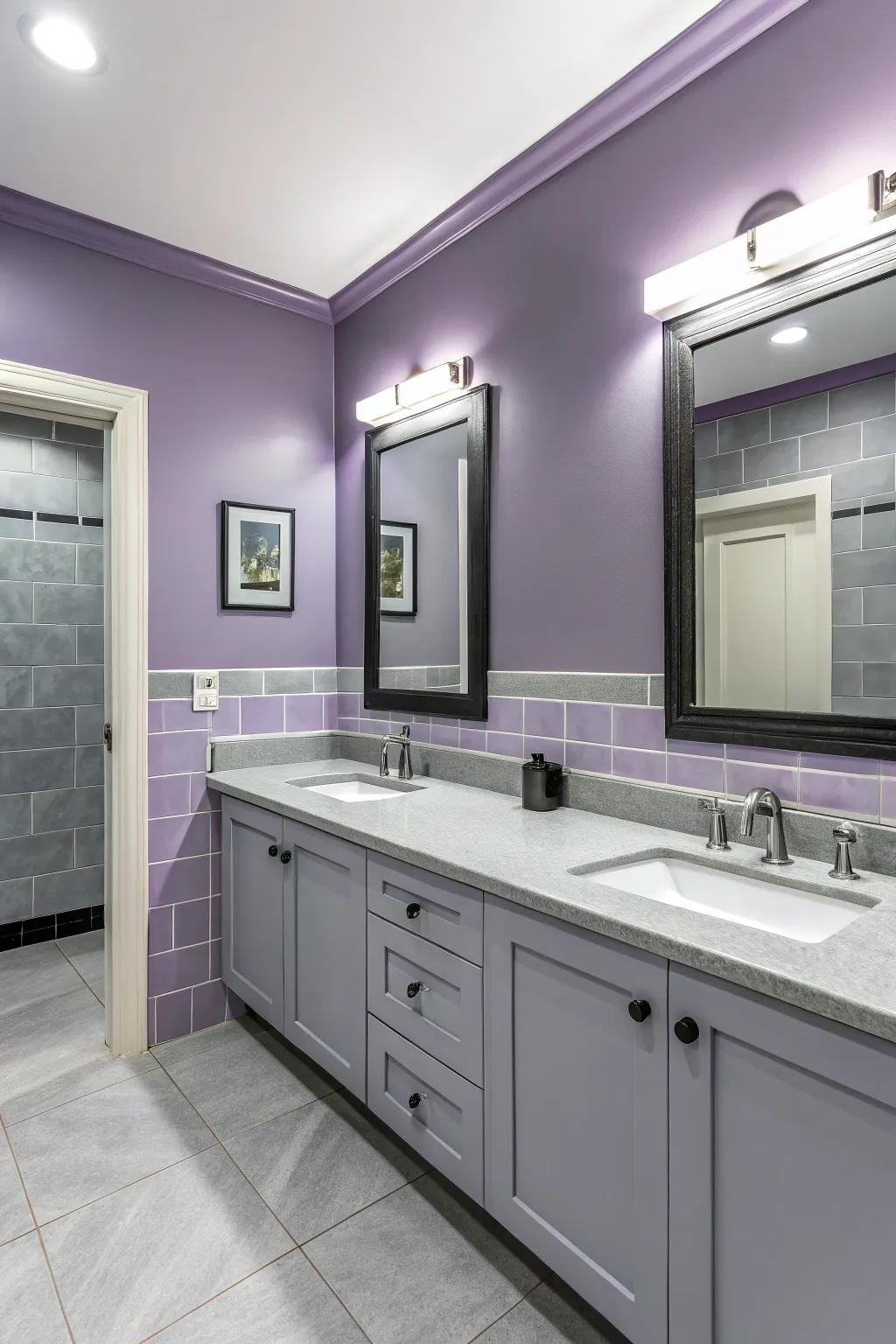 Lavender and grey make a harmonious pairing in this modern bathroom.