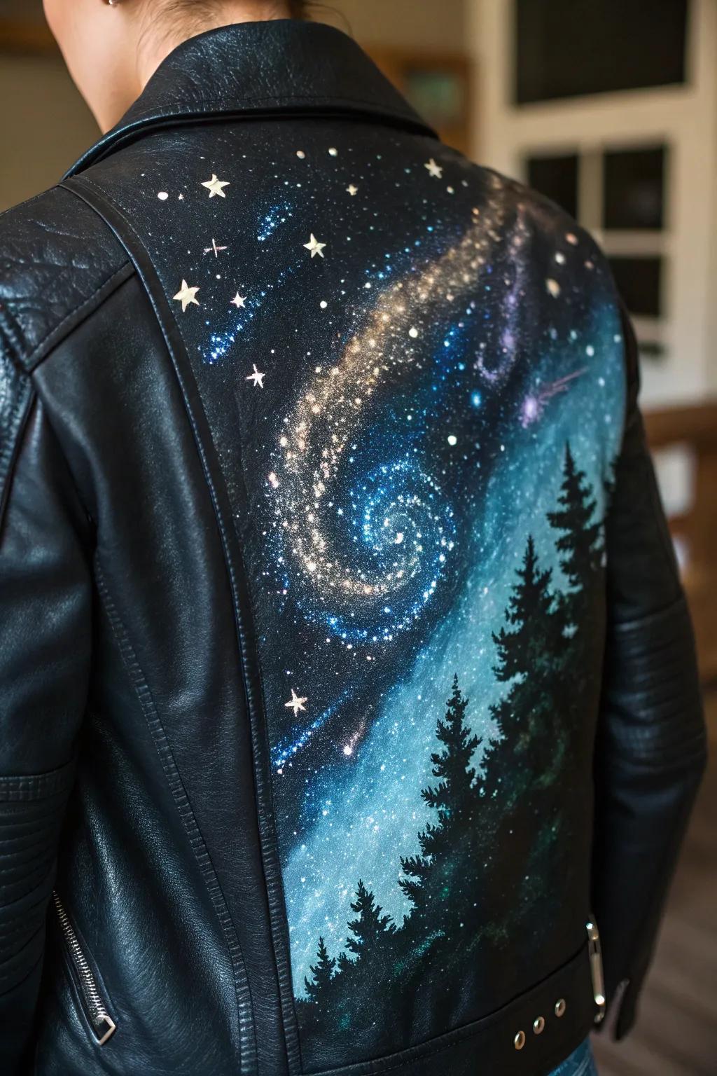 Elevate your style with a cosmic masterpiece on leather.