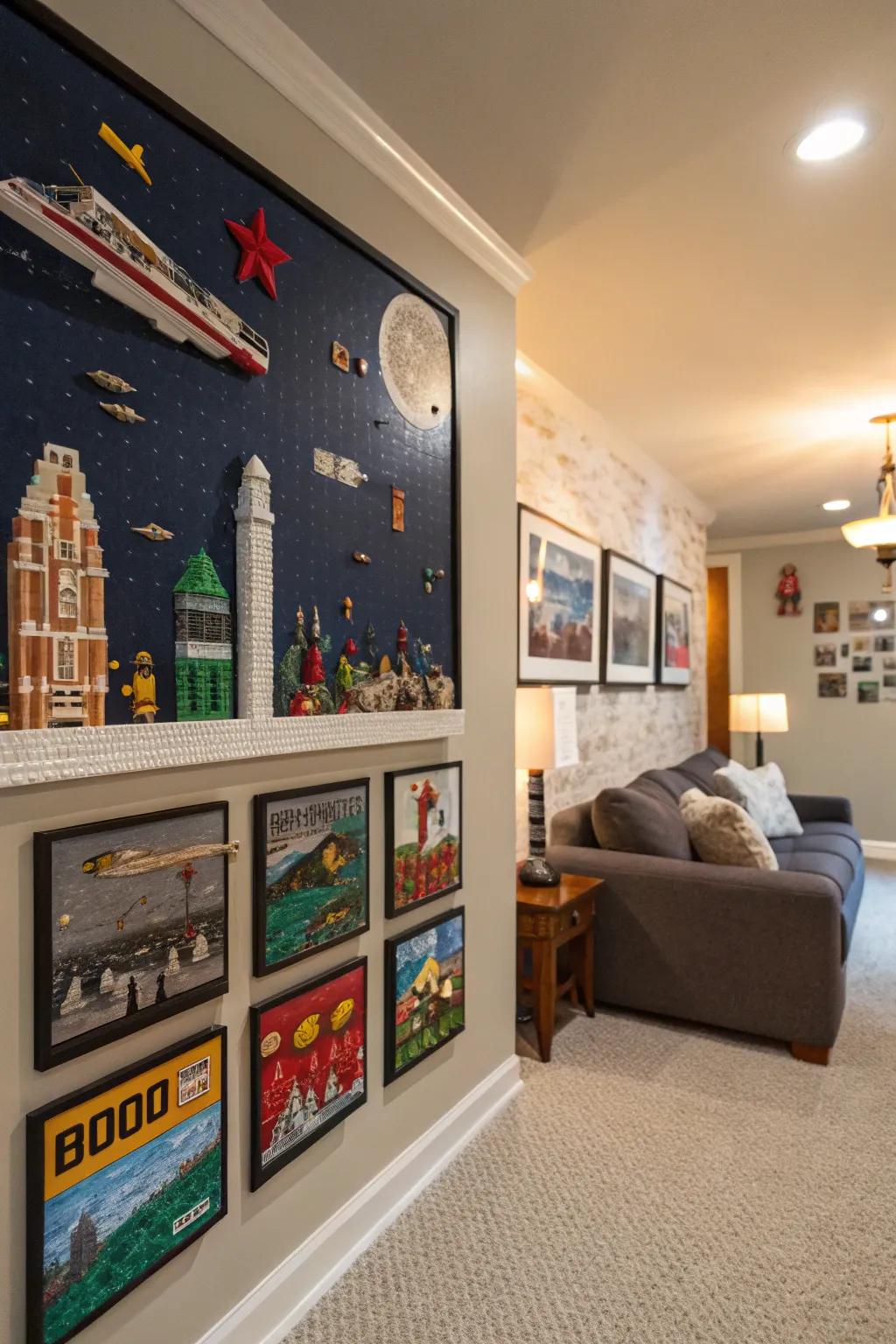 An interactive LEGO wall showcasing unique art pieces created by the family.