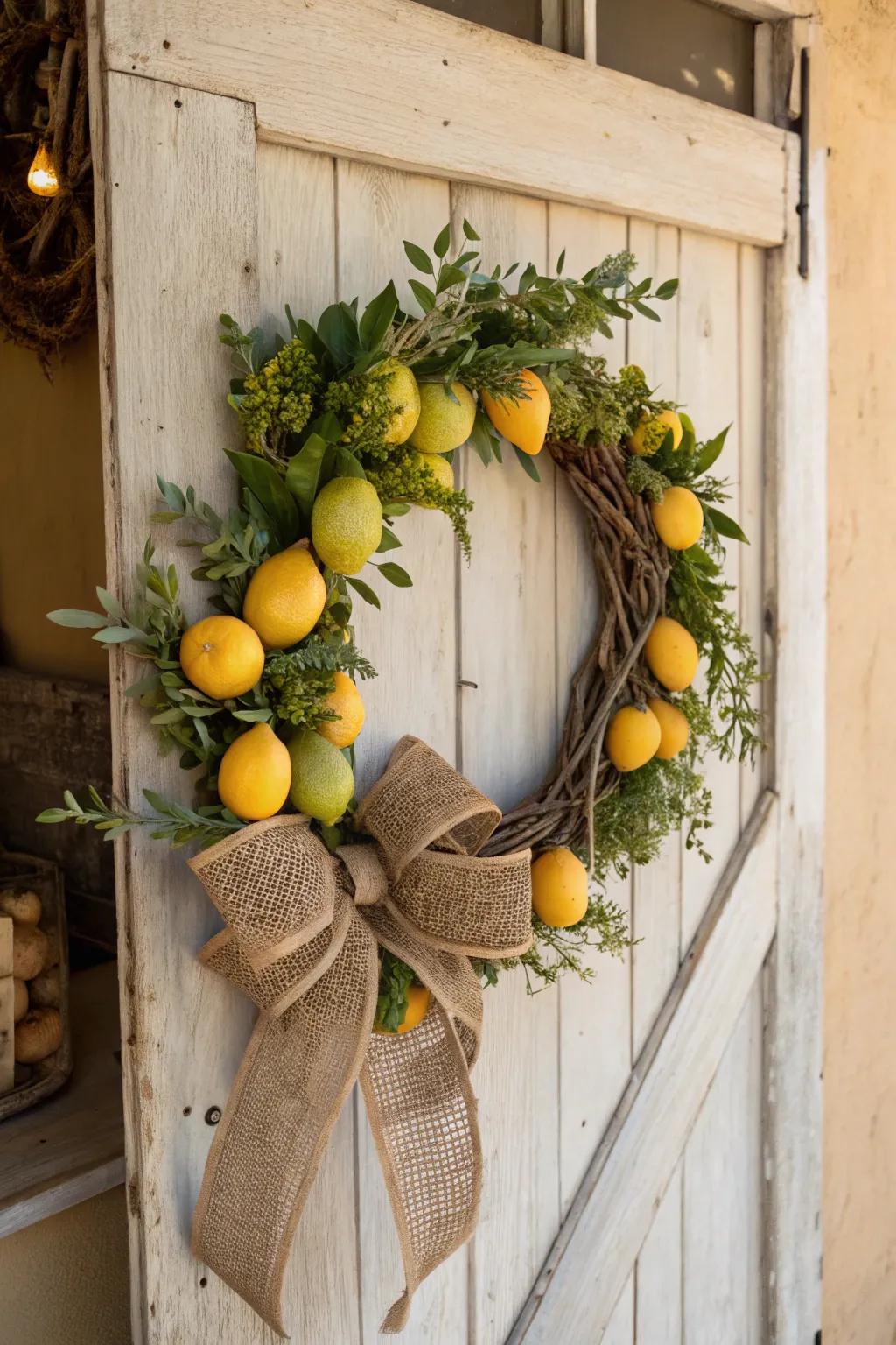 Rustic charm meets vibrant color with this lemon and burlap wreath.