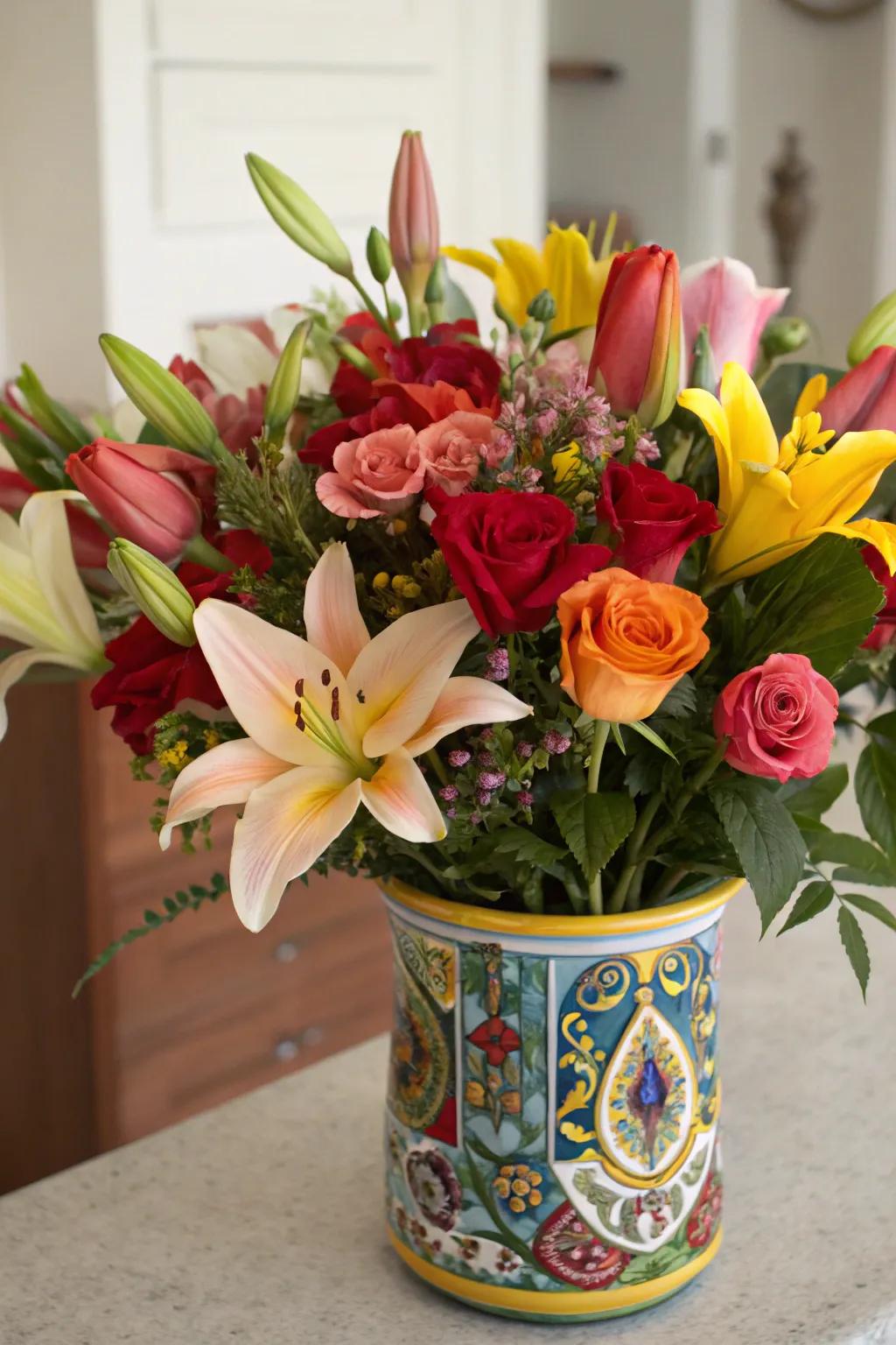 A lively arrangement of lilies, roses, and tulips brightens any room.