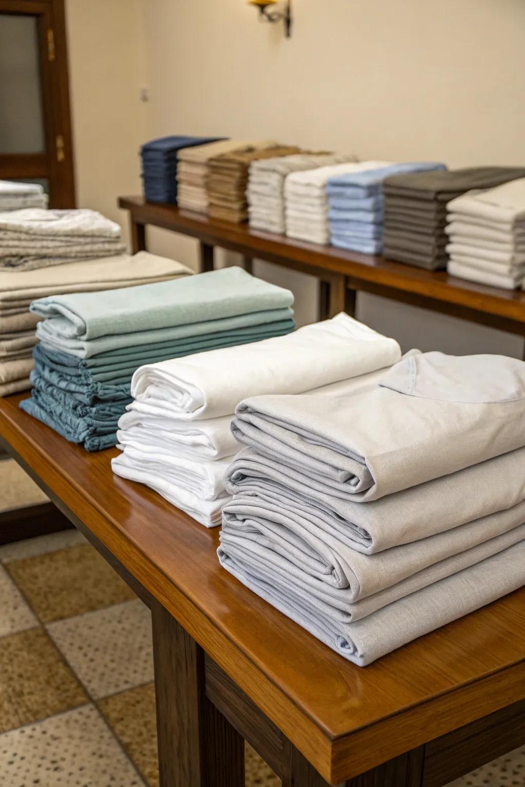 Linens sorted into distinct categories for easy organization.