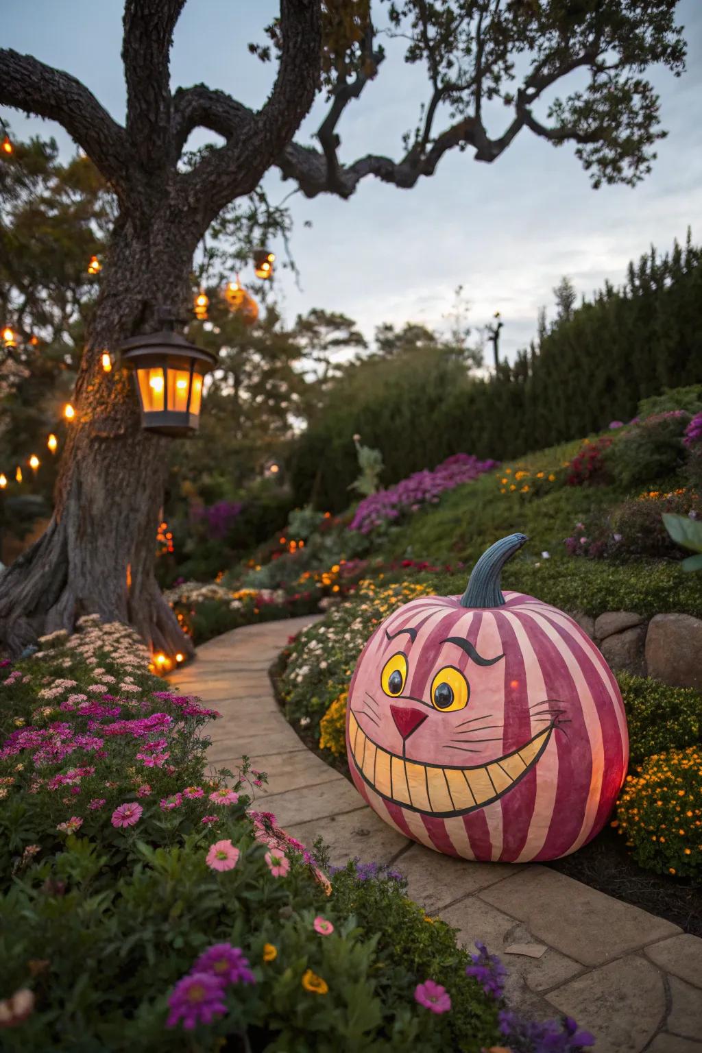 Step into a world of wonder with a Cheshire Cat pumpkin, perfect for any dreamer.