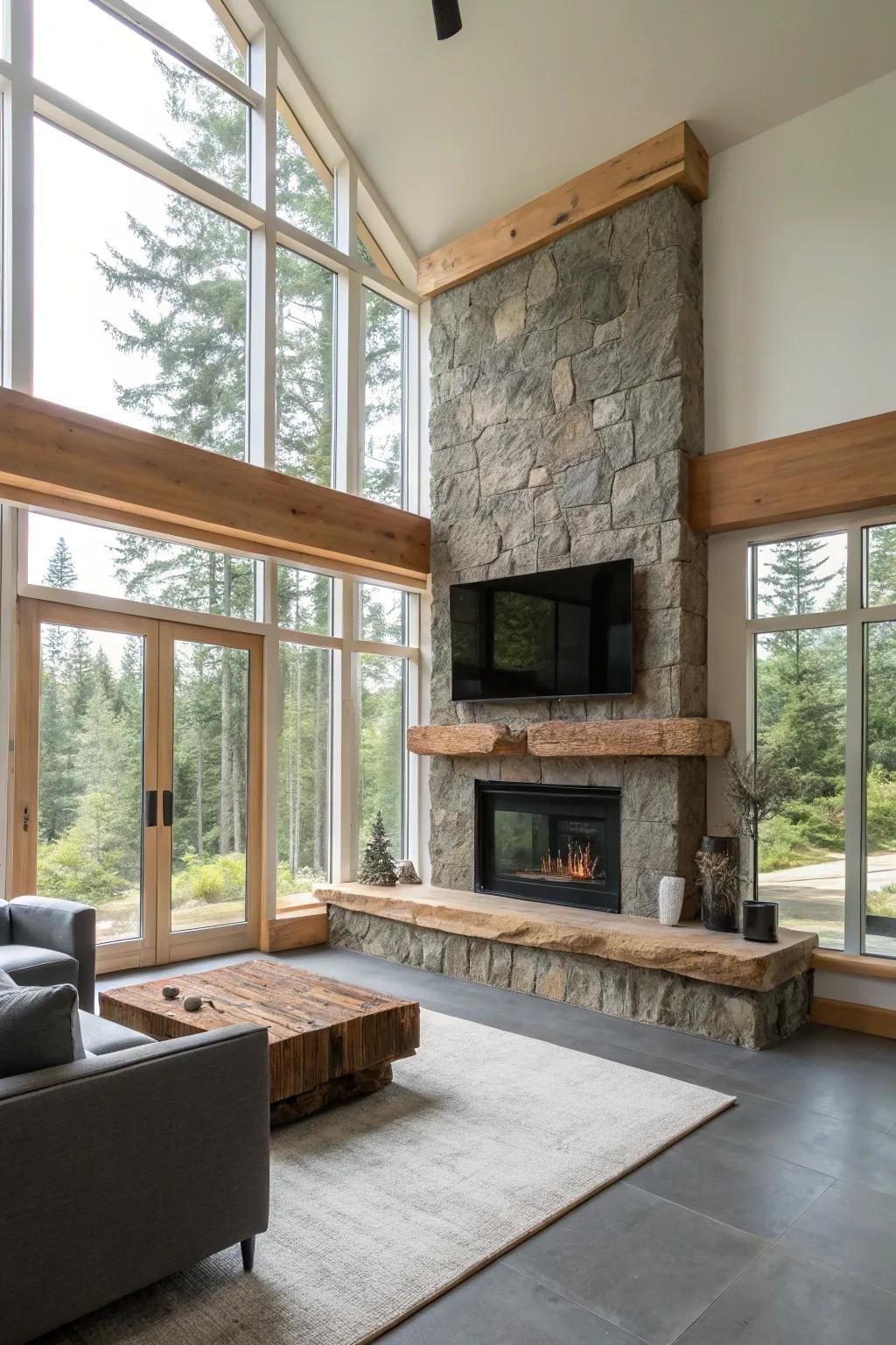 A modern space with a Douglas Fir live edge mantel, highlighted by natural light.