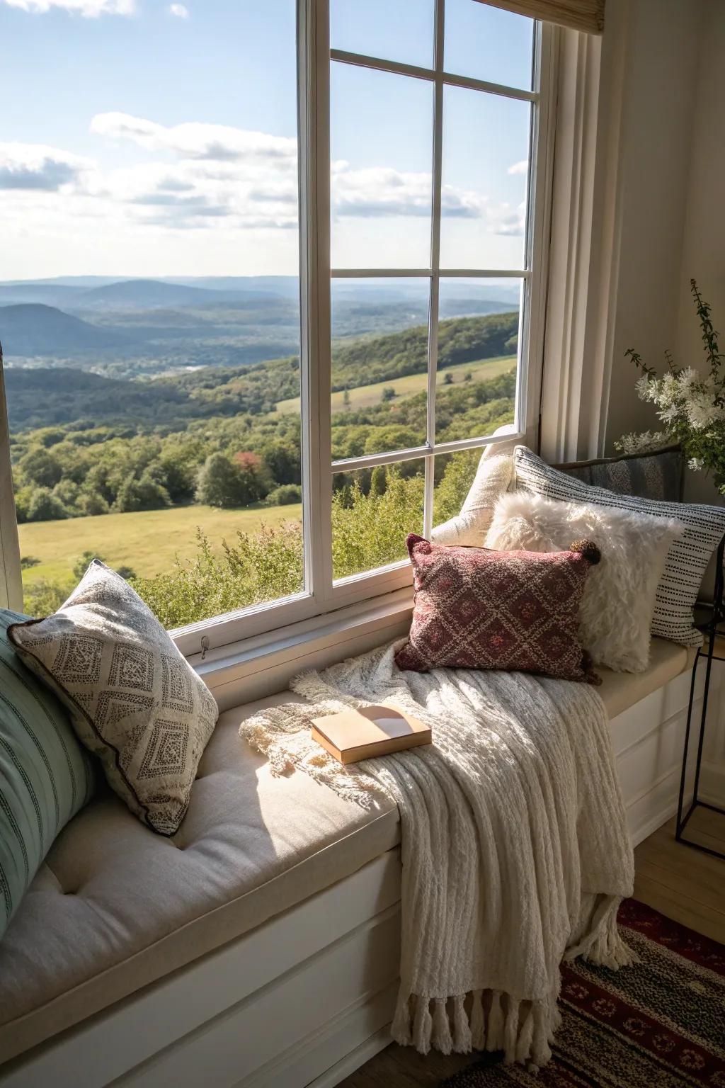 A window seat nook offering comfort and a beautiful view.