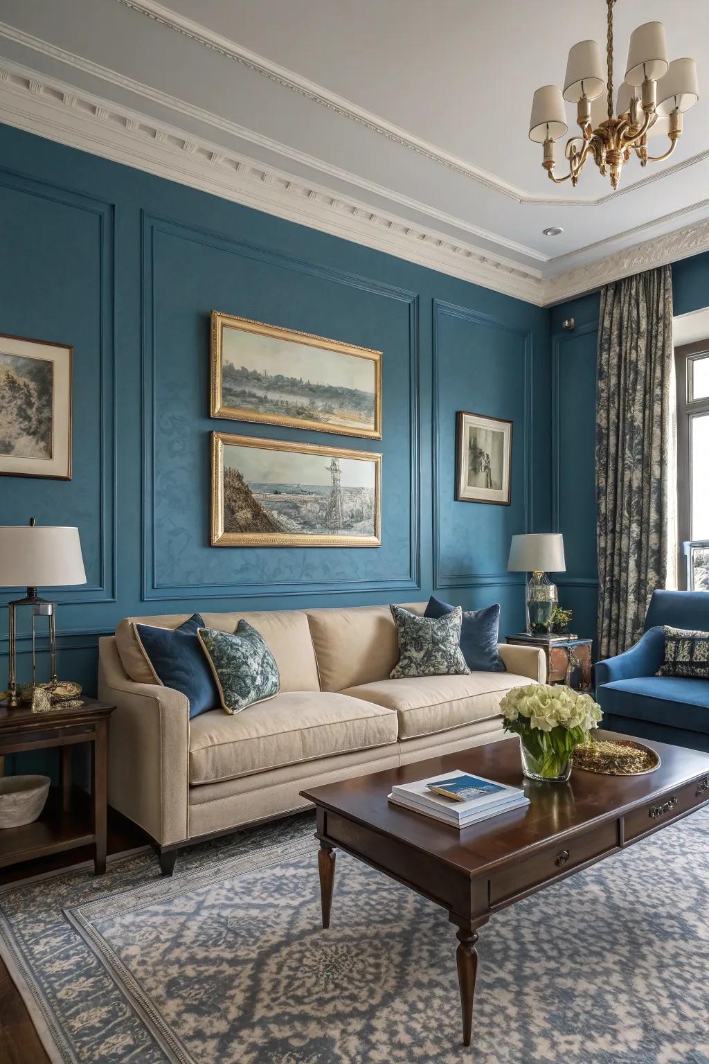 Bold blues bring drama and elegance to your living room.