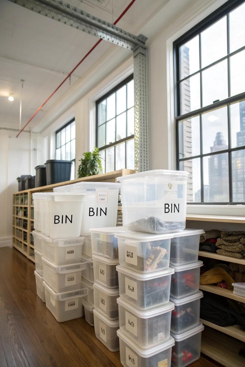 Clear bins provide visibility and organization in loft storage.