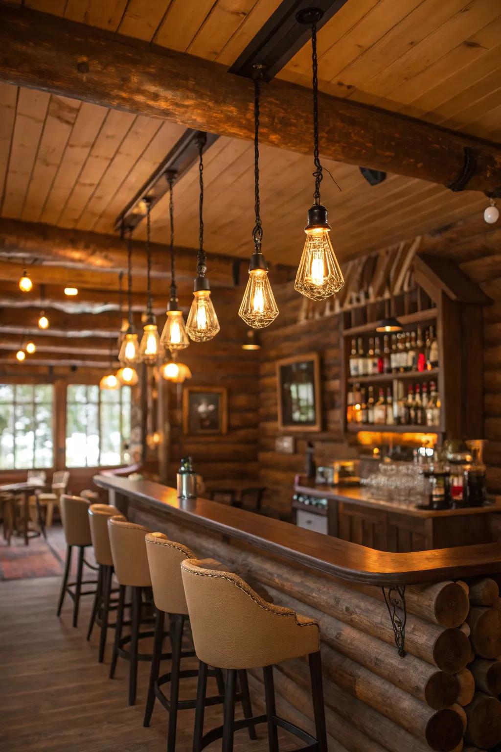 Soft lighting in a log cabin bar creates an inviting and cozy atmosphere.