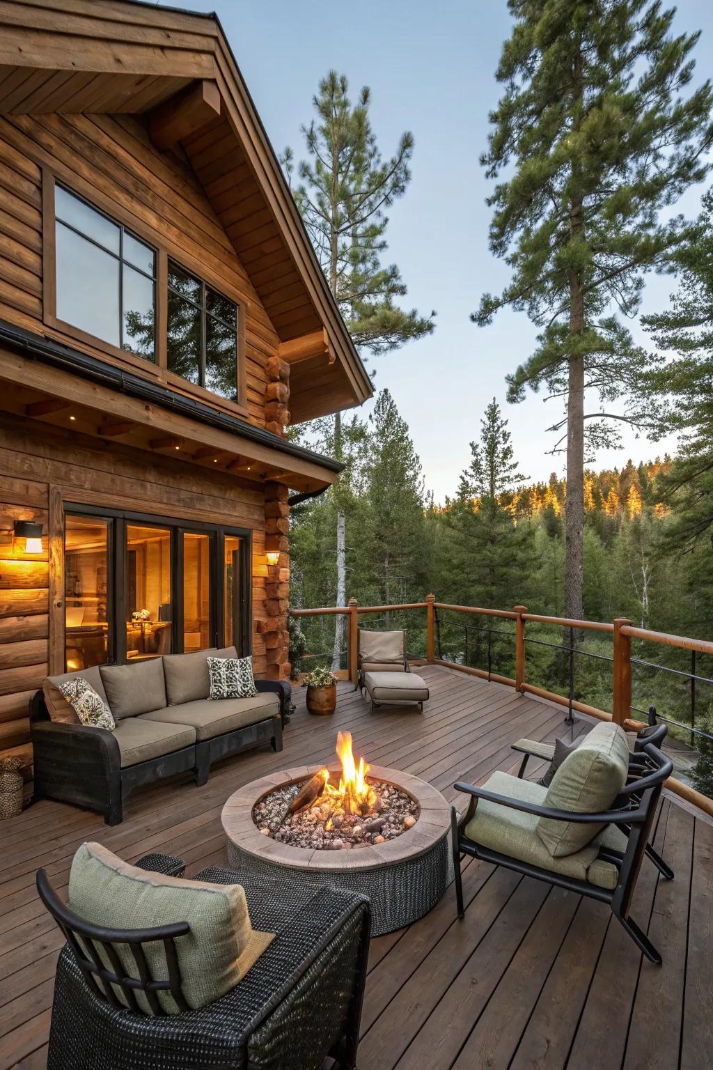 A cozy log cabin deck featuring a welcoming fire pit.