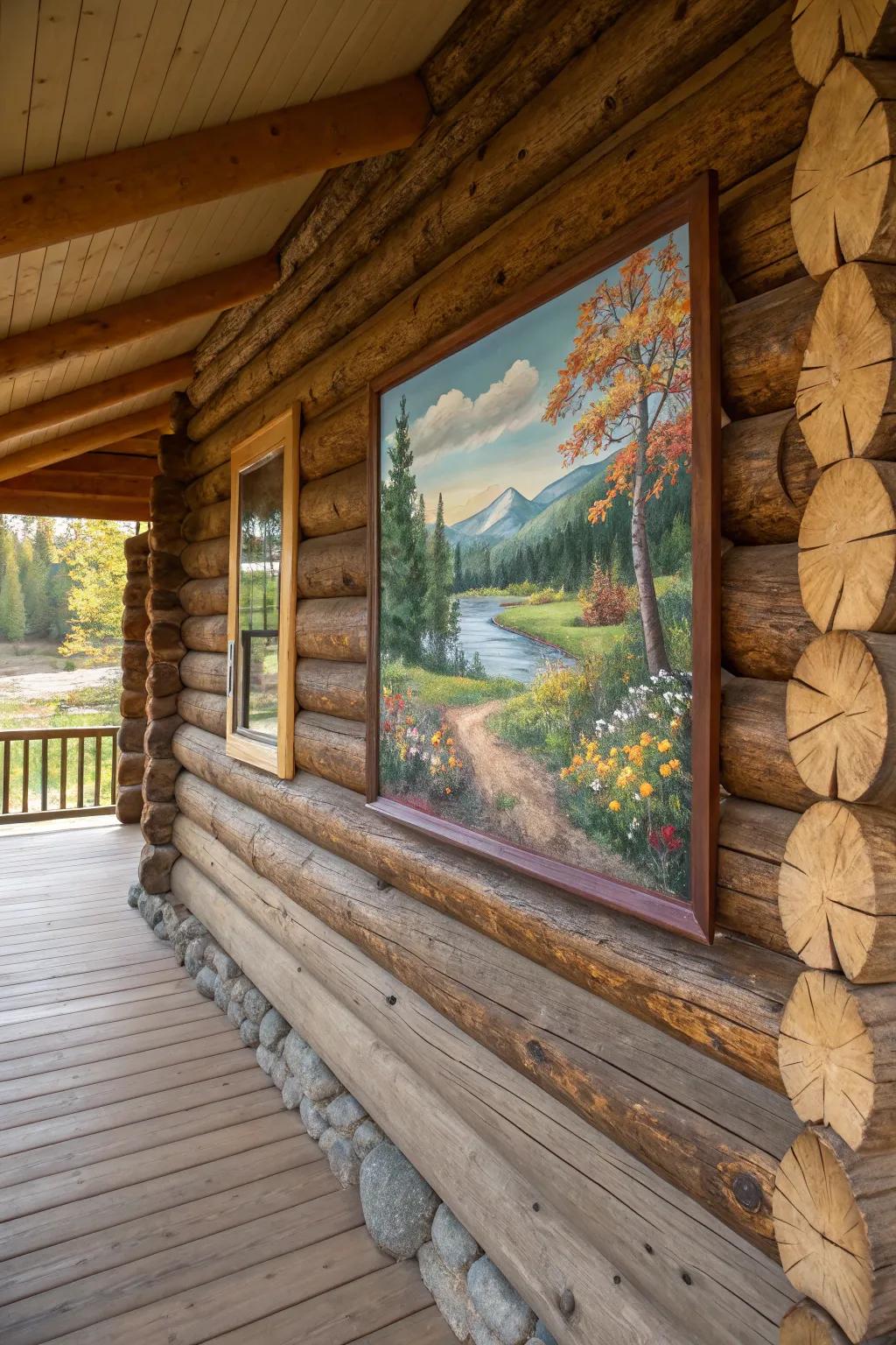 A colorful painting adds vibrance to the rustic charm of a log cabin wall.