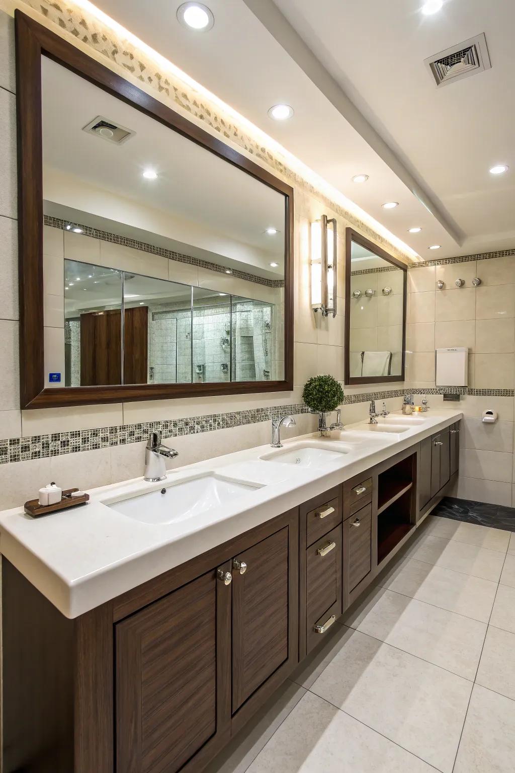 Dual sinks provide both convenience and symmetry in a bathroom design.