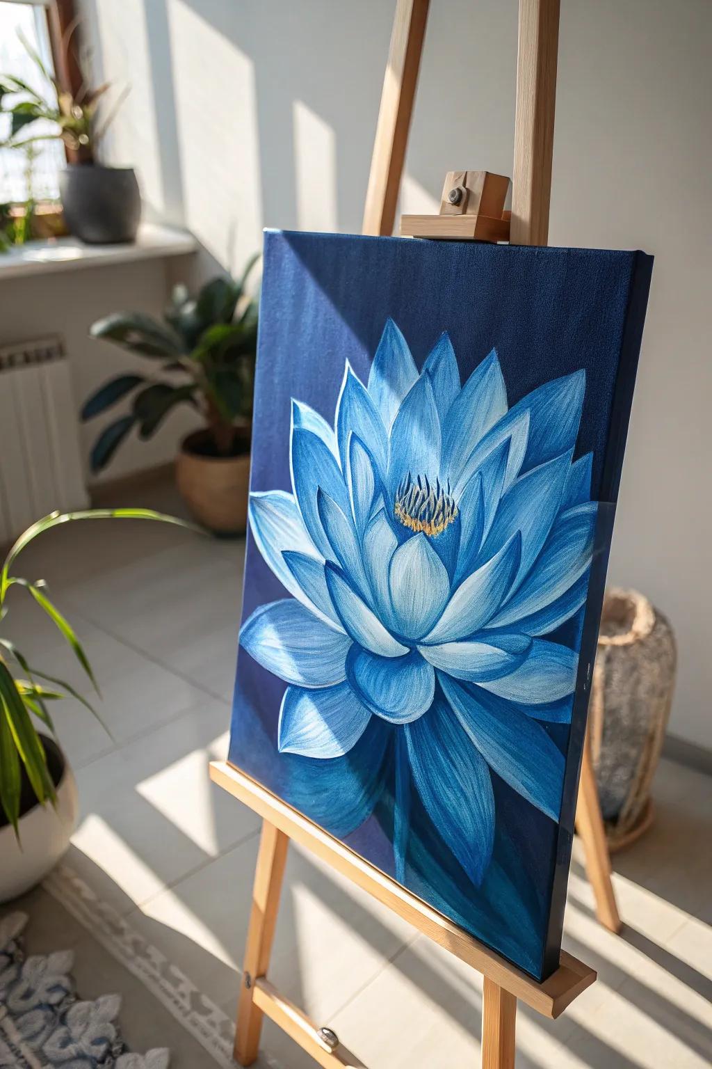 A bold blue lotus painting showcasing its mysterious beauty.