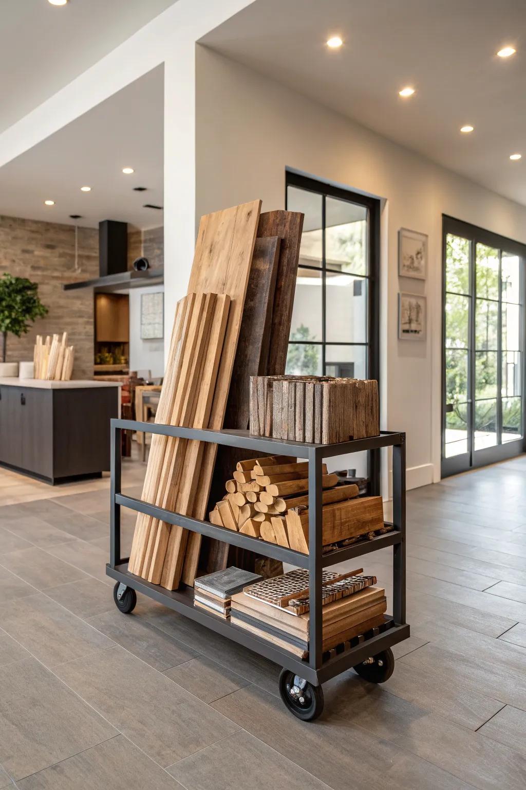 A rolling lumber cart offers mobility and convenience in your workshop.