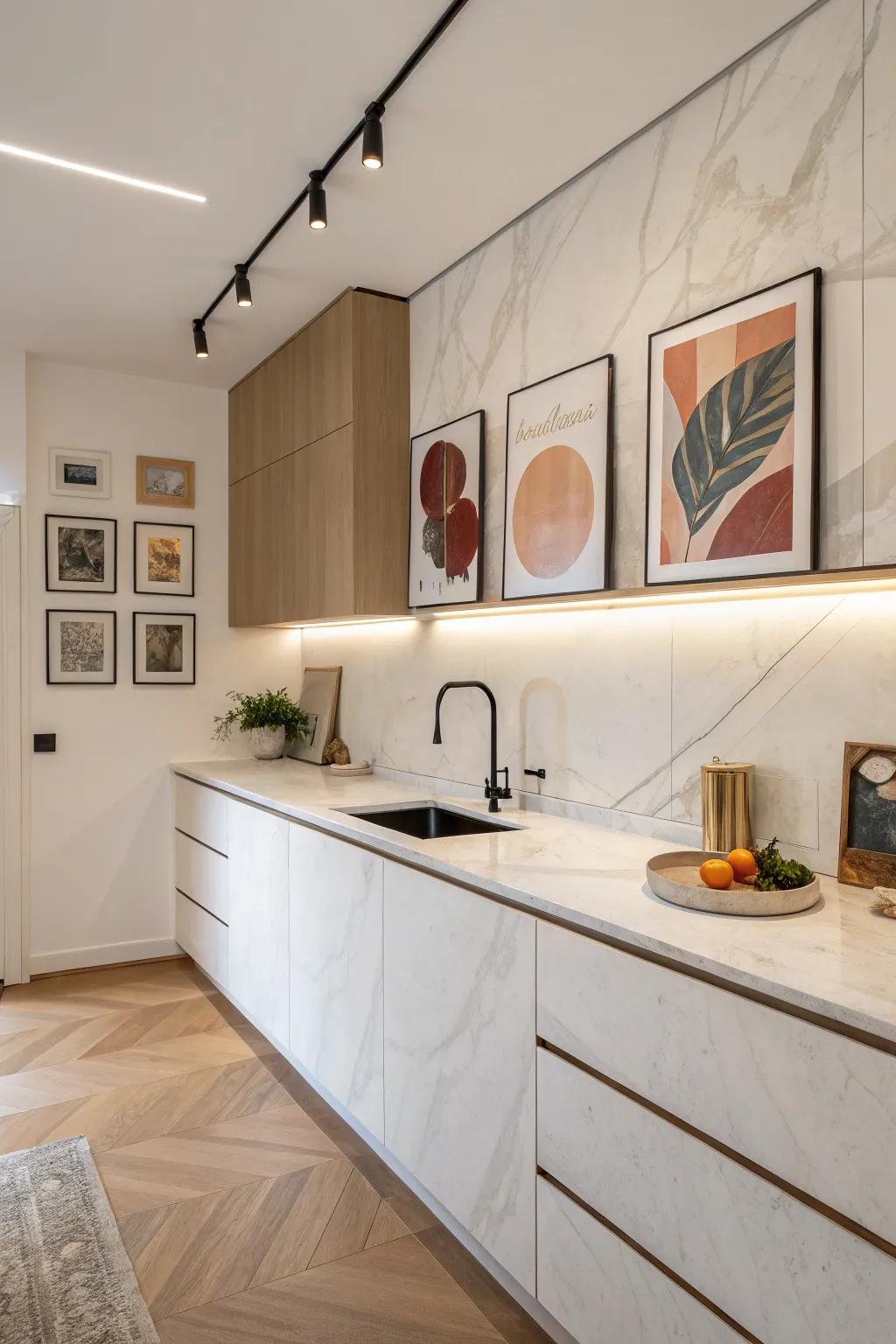 A minimalist kitchen featuring subtle marble accents.