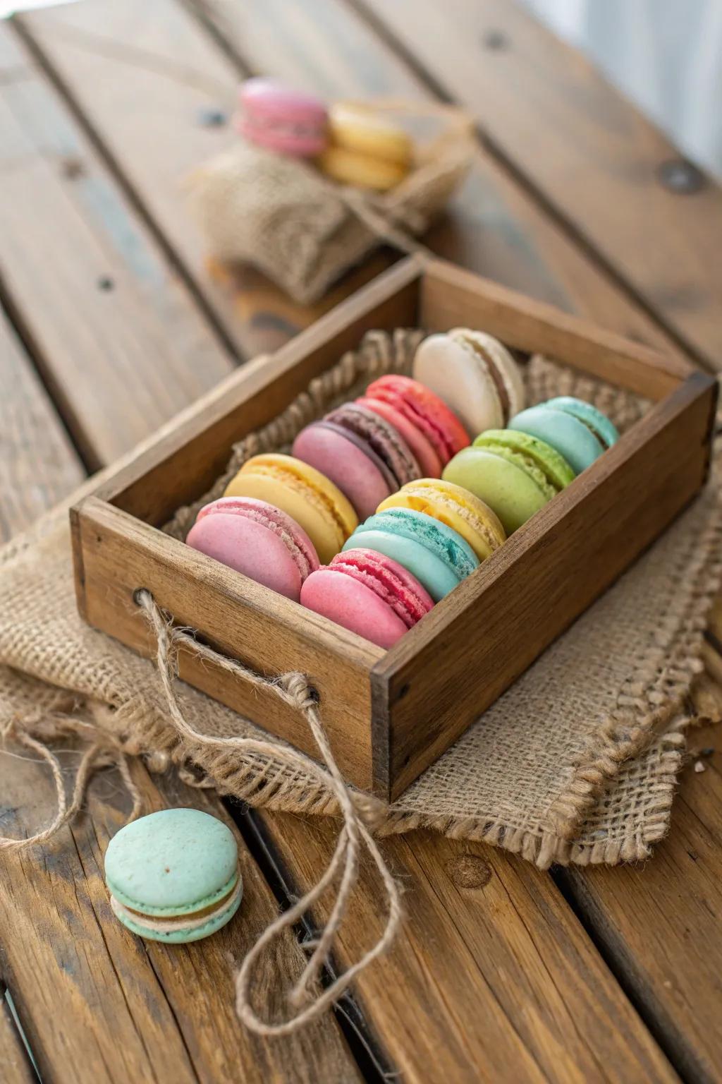 Rustic charm with macarons presented in a wooden crate.