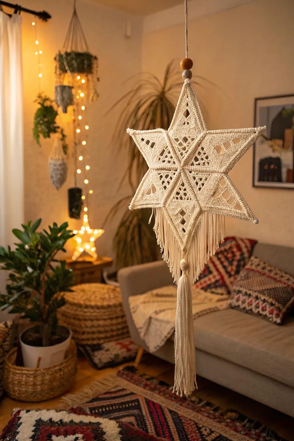 Create a boho chic vibe with a fringed star macrame ornament.