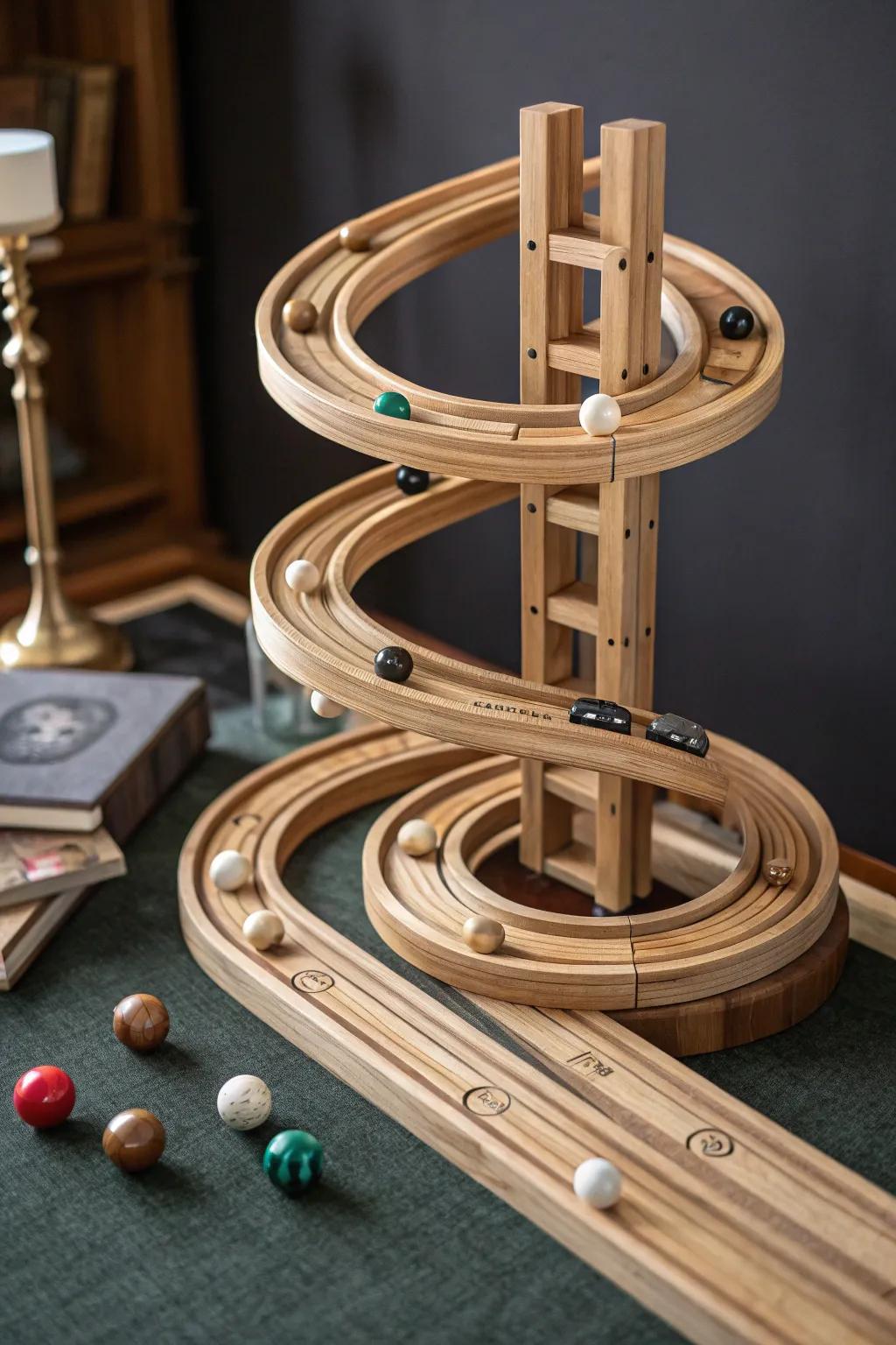 Experience the art of motion with this masterfully crafted marble run, a testament to the beauty of handcrafted design.