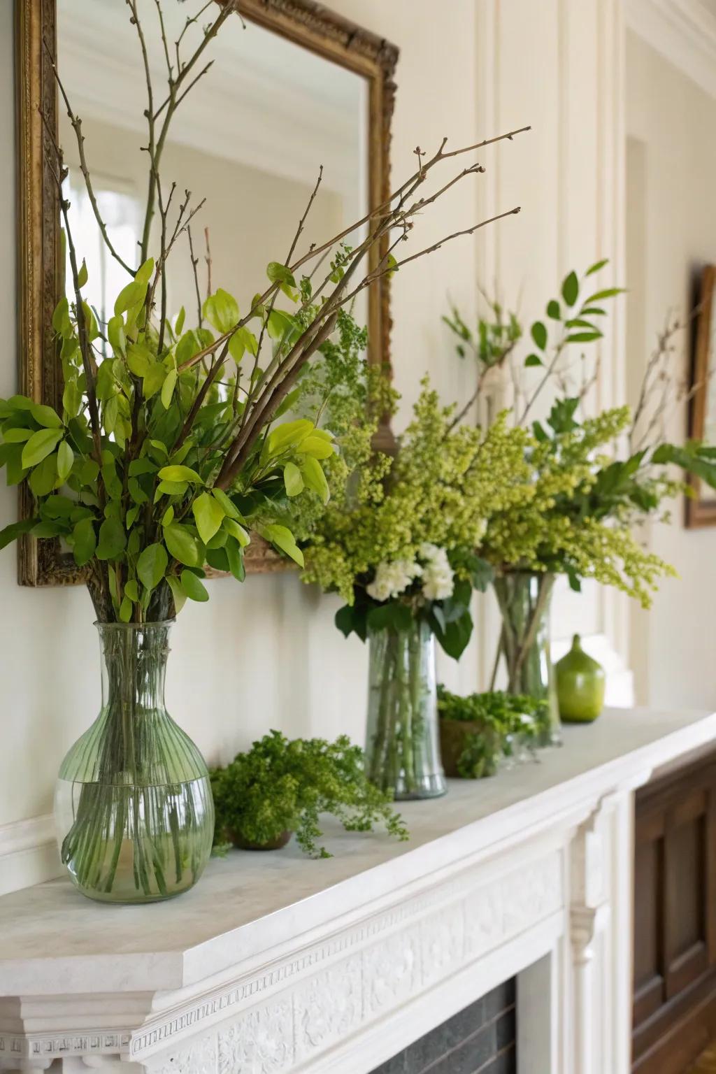 A mantelpiece adorned with vases of greenery and branches.