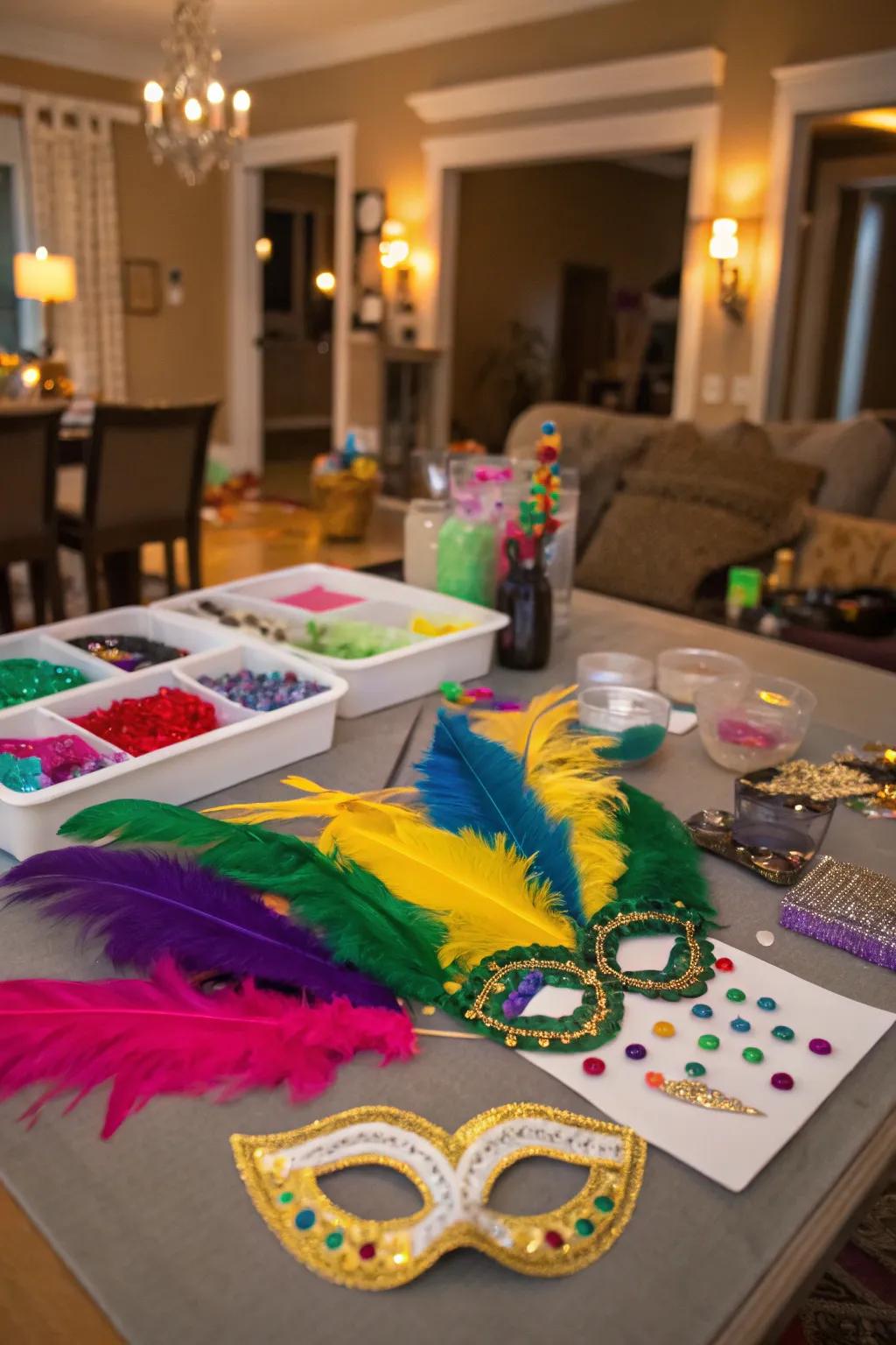 Unleash your creativity with a DIY Mardi Gras mask station.