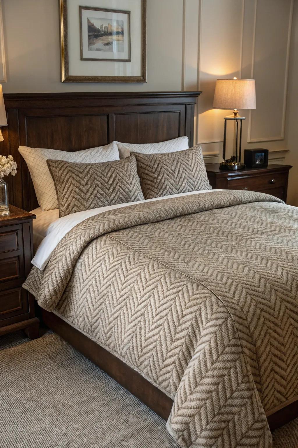 Textured bedding adds depth and interest to the room.