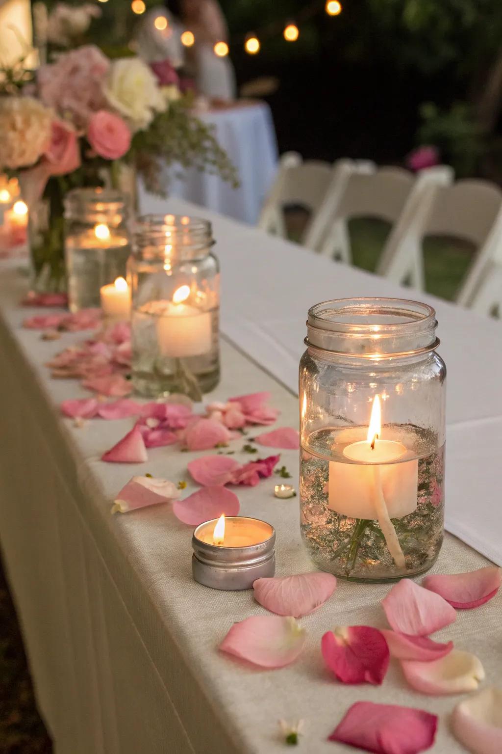 Floating candles in mason jars add a magical glow to wedding tables.