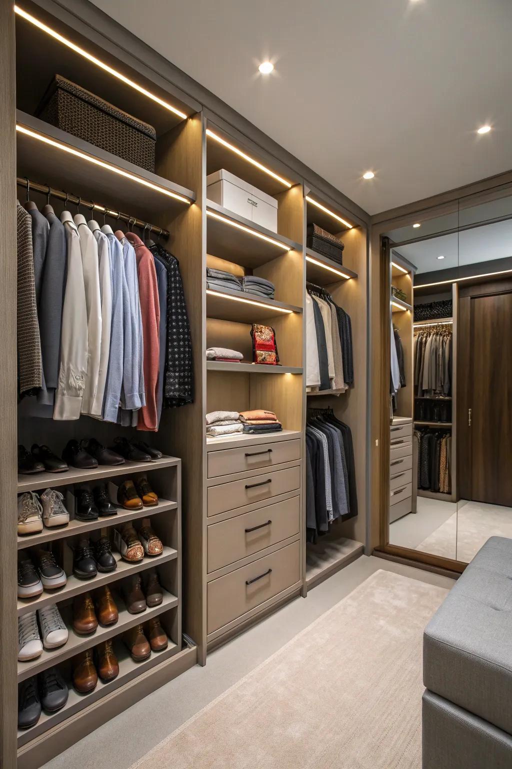 His and hers zones provide personalized organization in a shared closet.