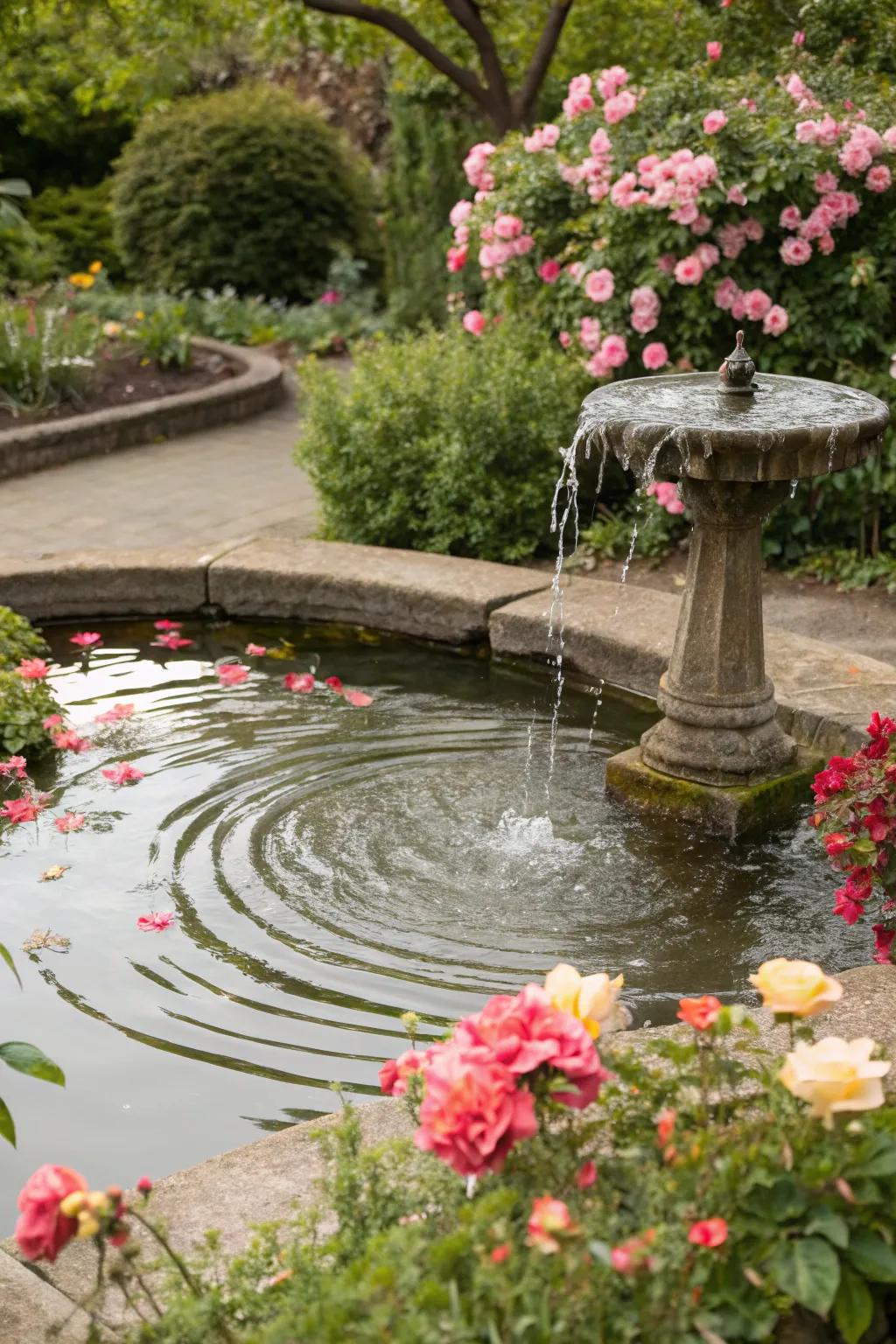 A serene pond with a gentle fountain adds tranquility to the memorial garden.