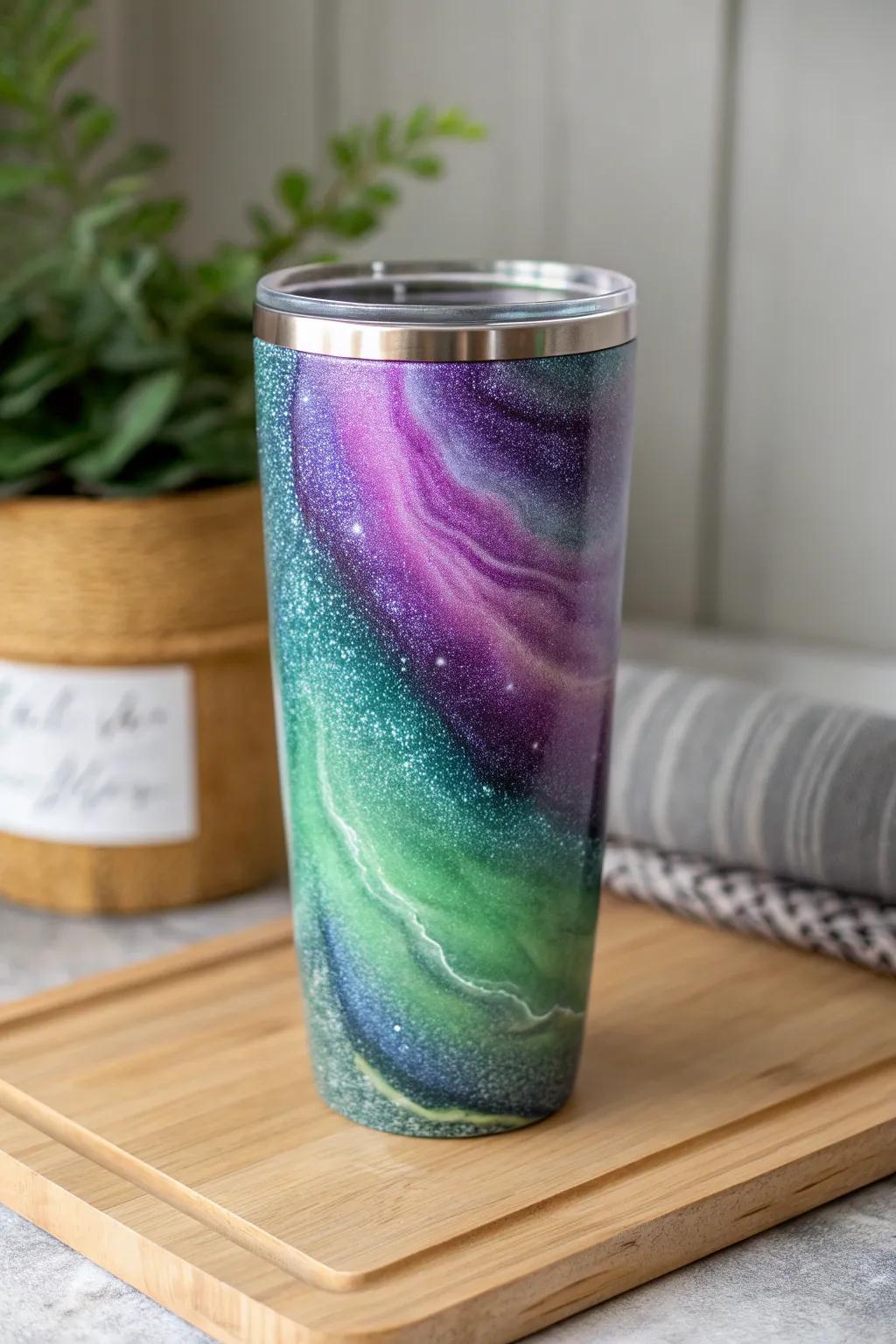 Capture the magic of the Northern Lights with this enchanting mica powder tumbler, where simplicity meets celestial beauty.