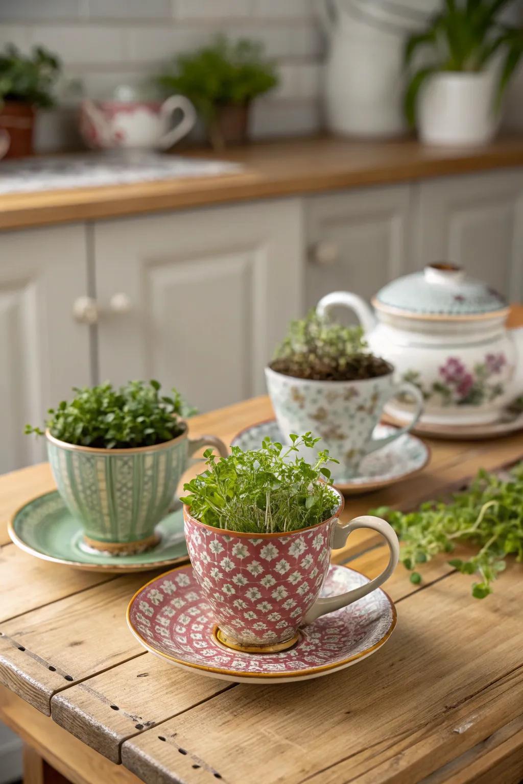 Add a touch of whimsy with vintage teacup microgreen planters.