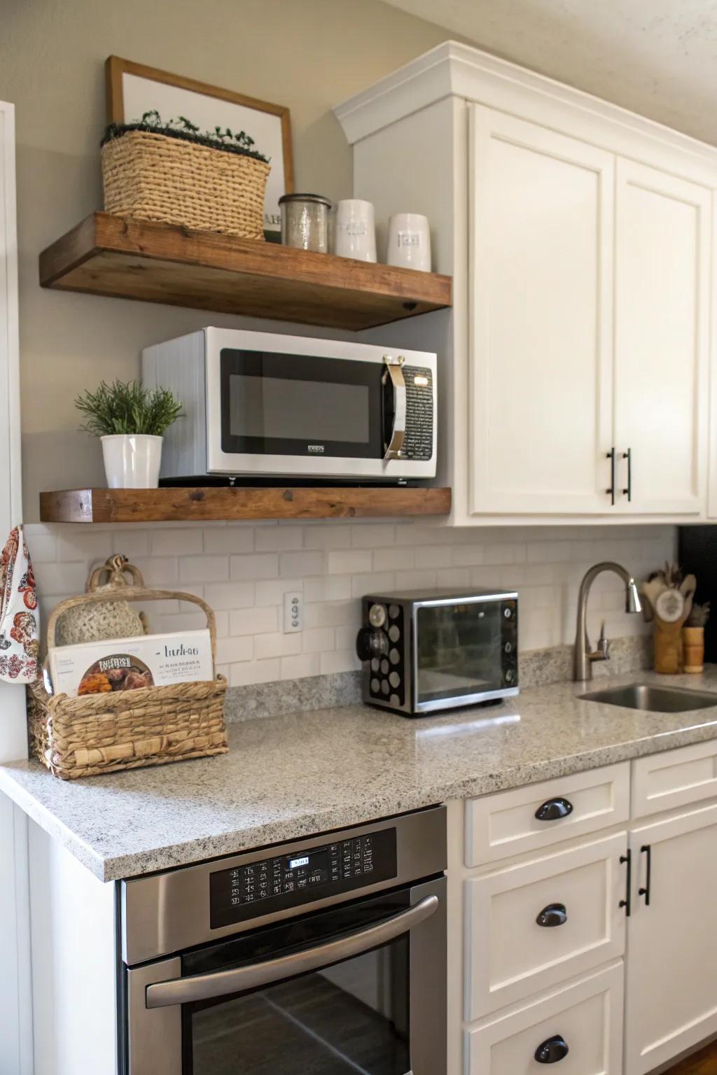 Sophisticated floating shelf for a modern microwave setup.