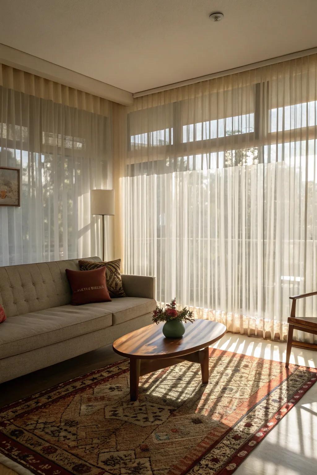 Sheer curtains add a layer of elegance to mid-century modern spaces.