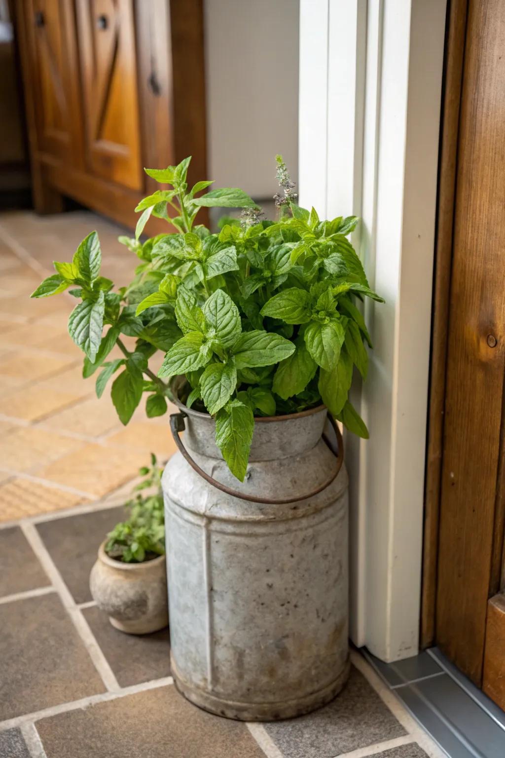 A milk can with fresh herbs for easy kitchen access.