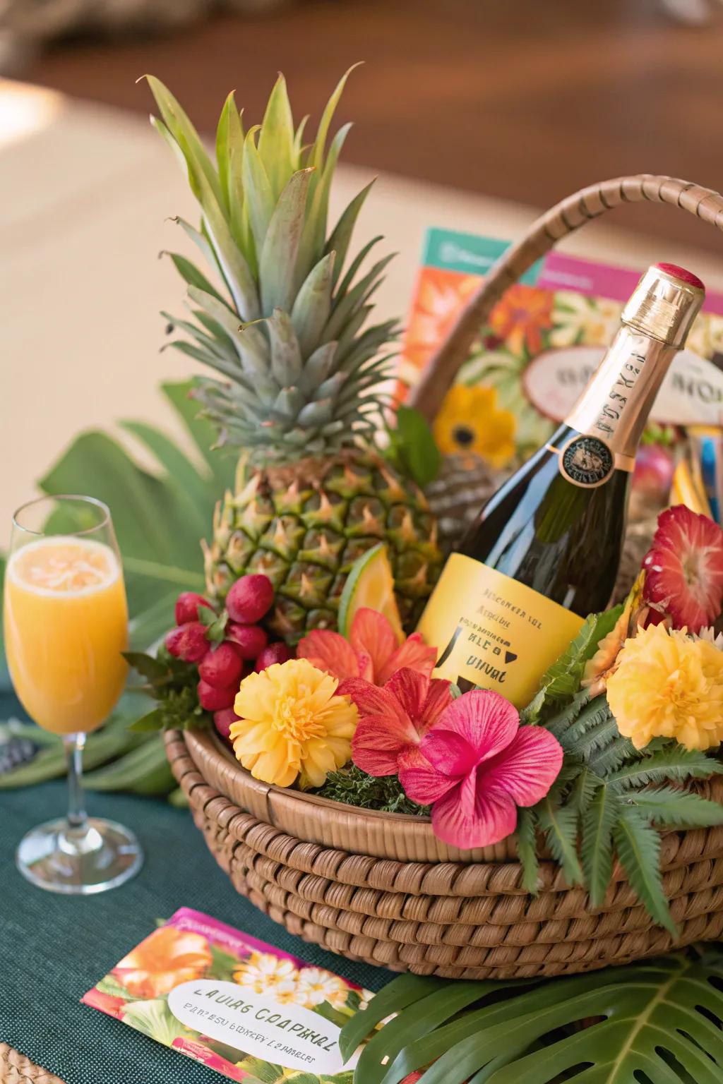 A tropical twist on the classic mimosa gift basket.