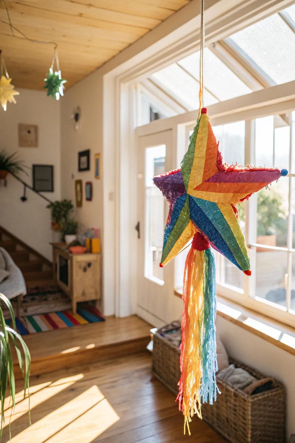 A vibrant rainbow star piñata ready to brighten up any room.