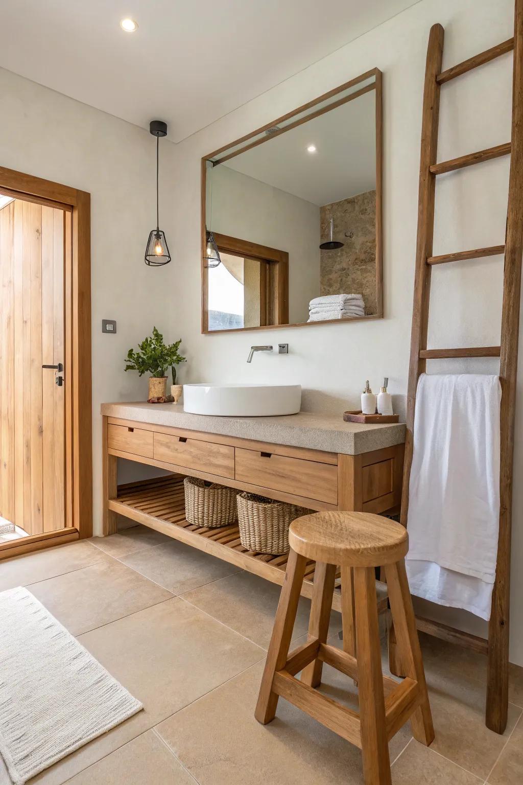 A minimalist bathroom with inviting wooden accents.