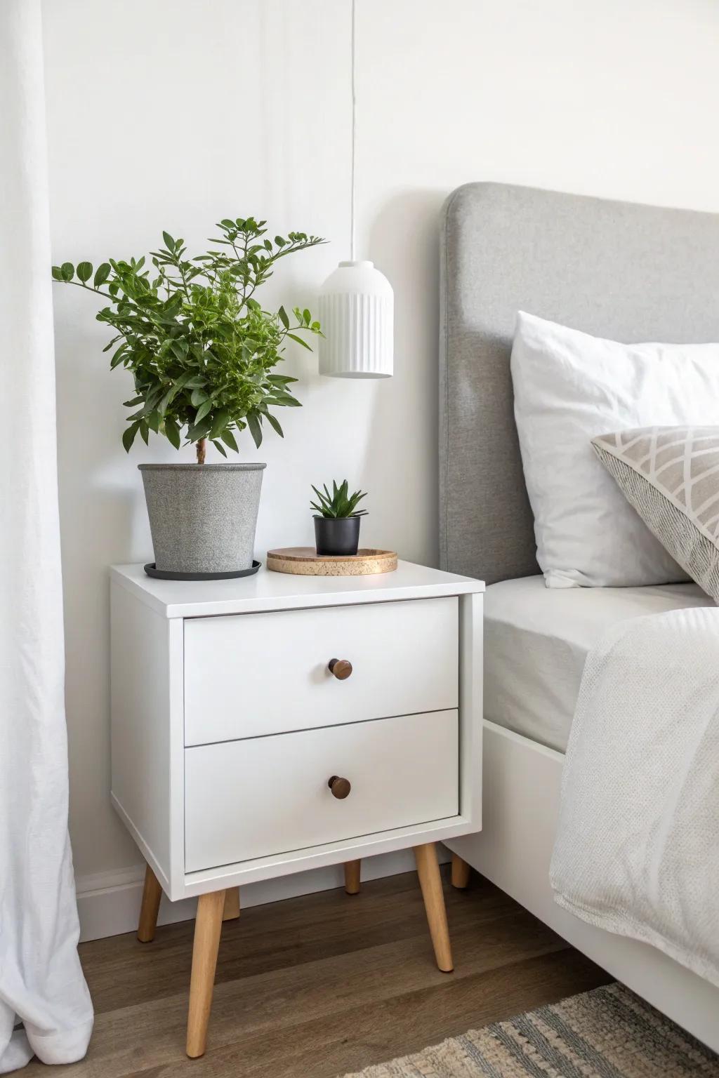 A touch of greenery can refresh your nightstand's appearance.