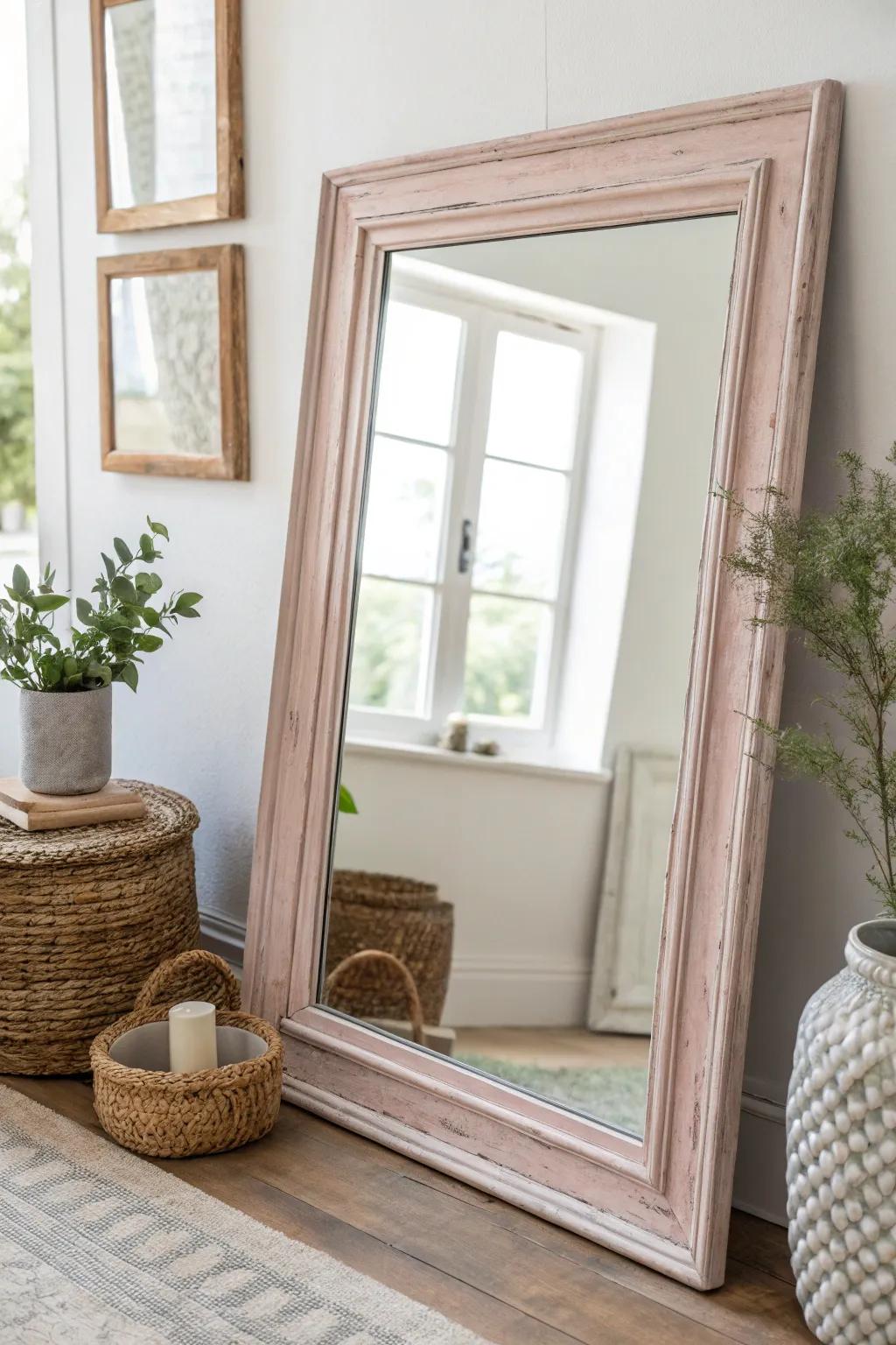 Revitalize your space with a pop of color! Transform your mirror into a stunning focal point with a soft, matte finish frame. 🌿✨ #MirrorMakeover #ScandiBoho