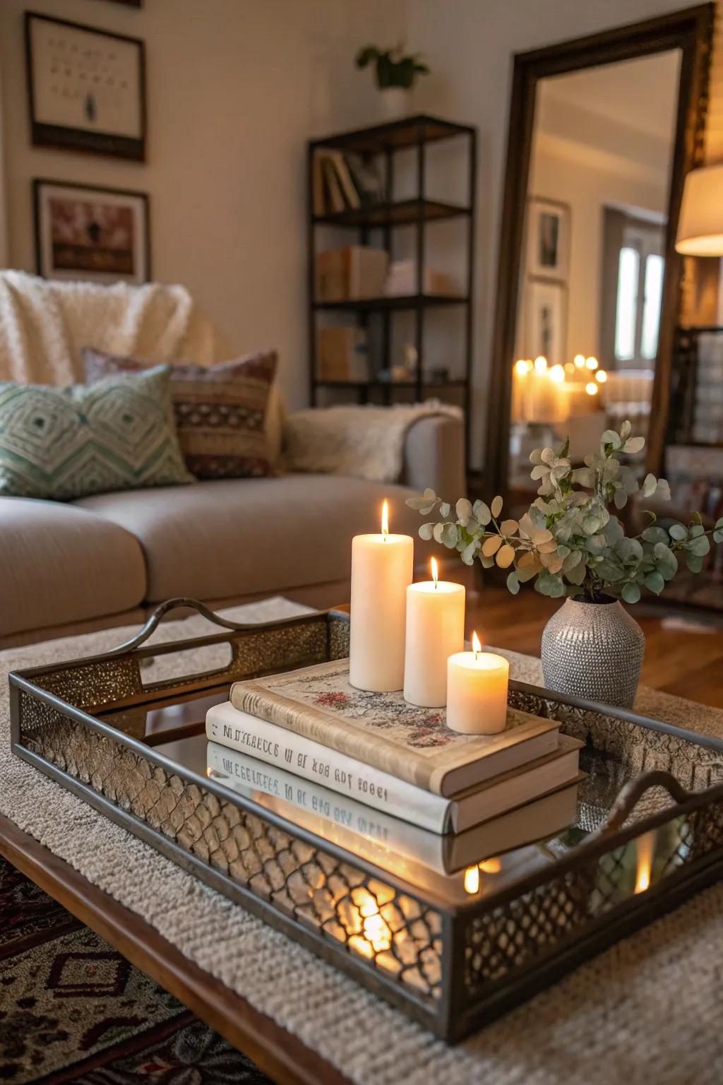 A coffee table gains elegance with a well-styled mirror tray.