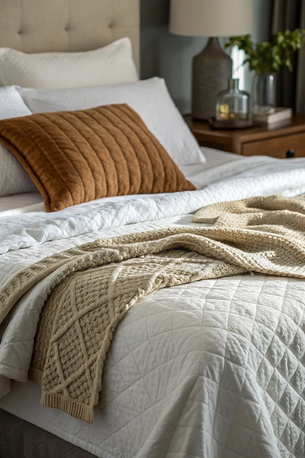 A haven of comfort with layers of textured bedding.