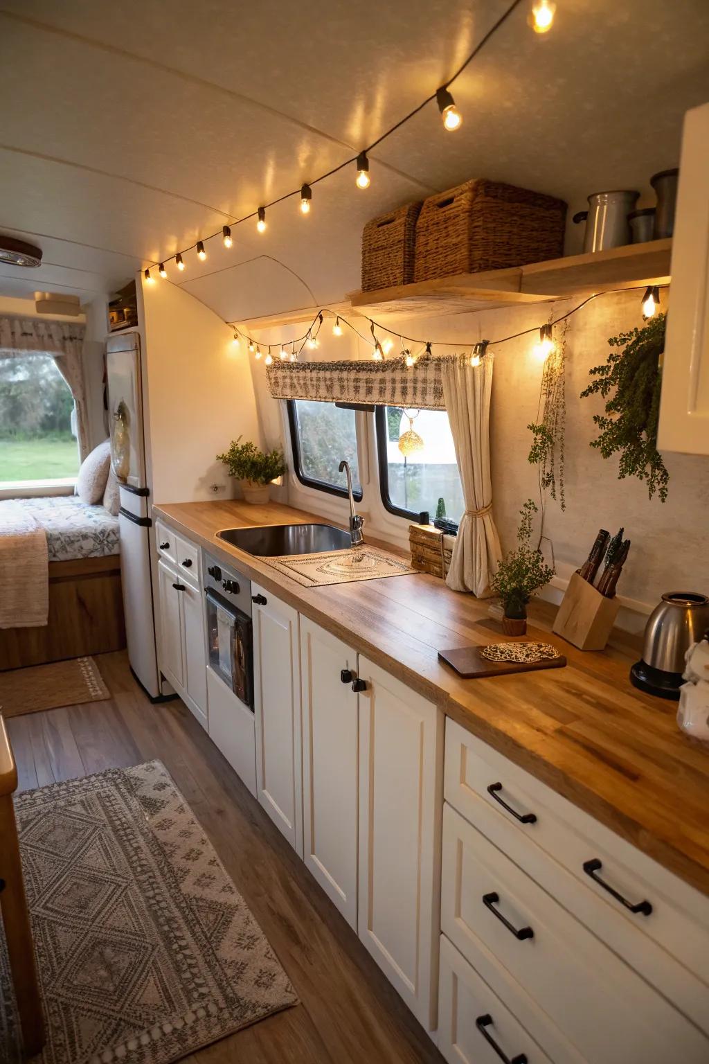 Wood countertops add warmth and functionality to a mobile home kitchen.