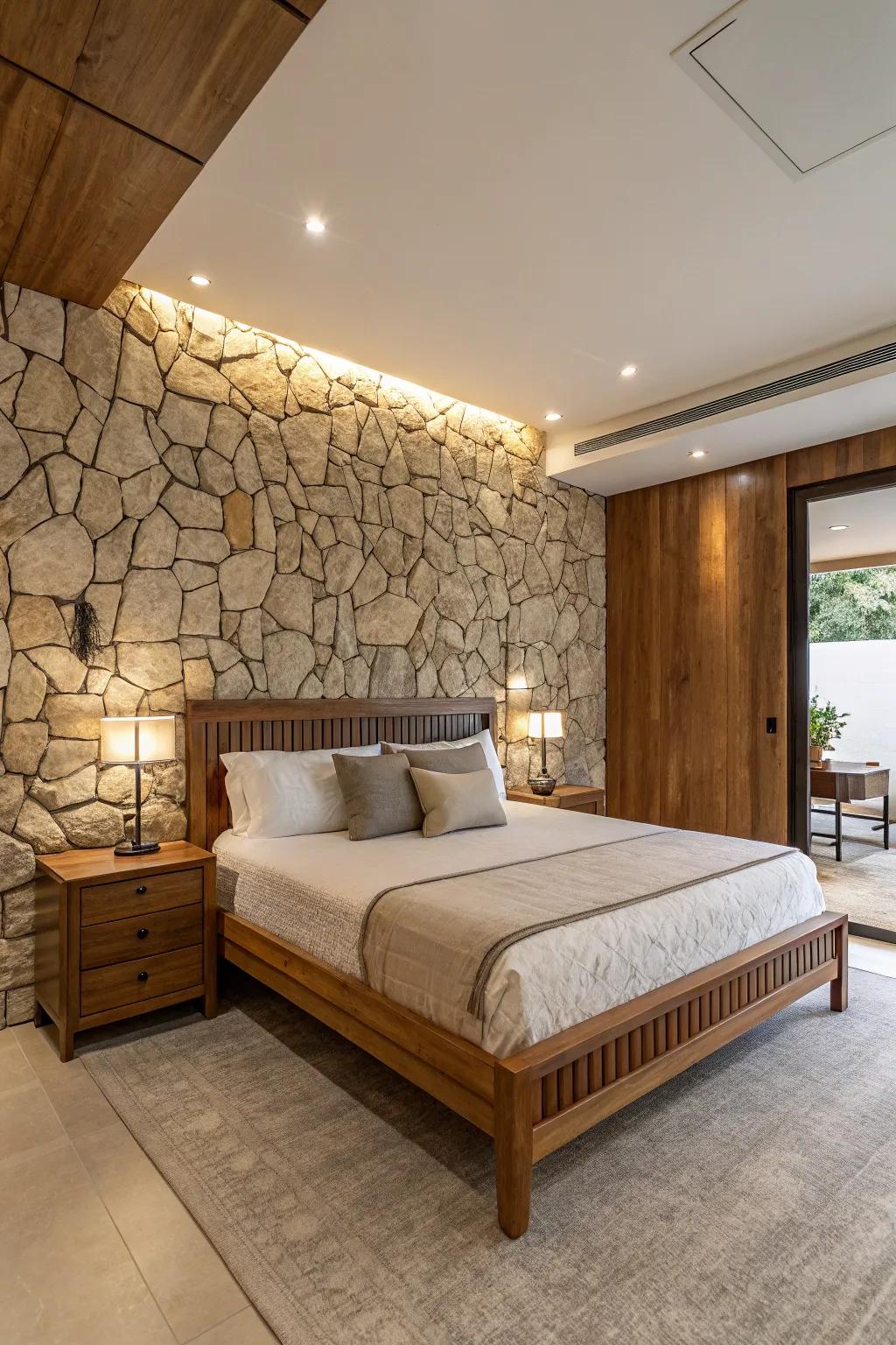 Natural materials add warmth and texture to this modern bedroom.