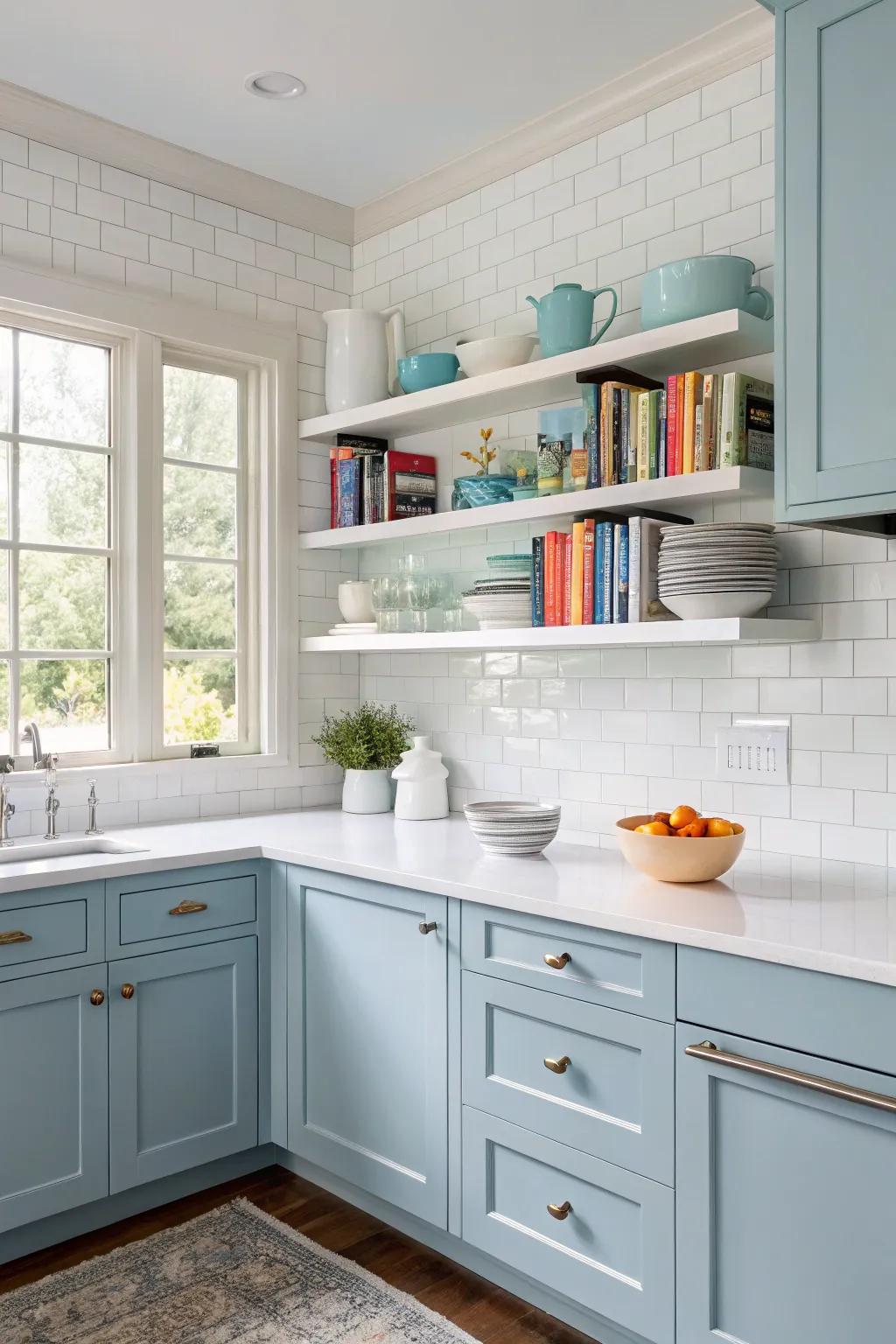 Sky blue cabinets create a serene and airy kitchen atmosphere.