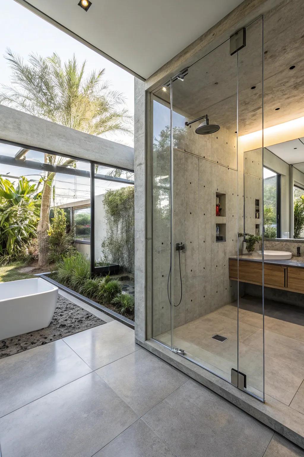 A modern bathroom where concrete meets glass for a chic shower experience.